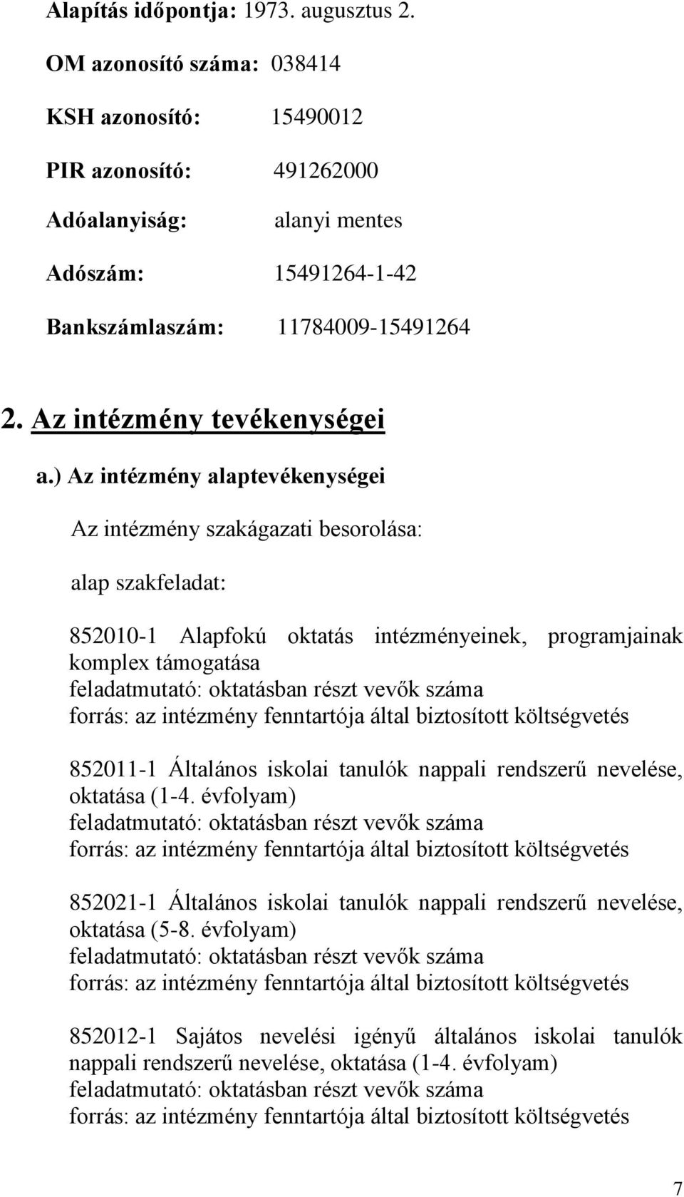 ) Az intézmény alaptevékenységei Az intézmény szakágazati besorolása: alap szakfeladat: 852010-1 Alapfokú oktatás intézményeinek, programjainak komplex támogatása feladatmutató: oktatásban részt