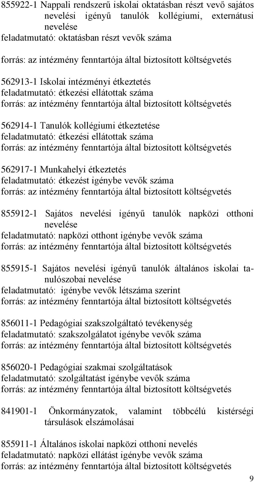 kollégiumi étkeztetése feladatmutató: étkezési ellátottak száma forrás: az intézmény fenntartója által biztosított költségvetés 562917-1 Munkahelyi étkeztetés feladatmutató: étkezést igénybe vevők