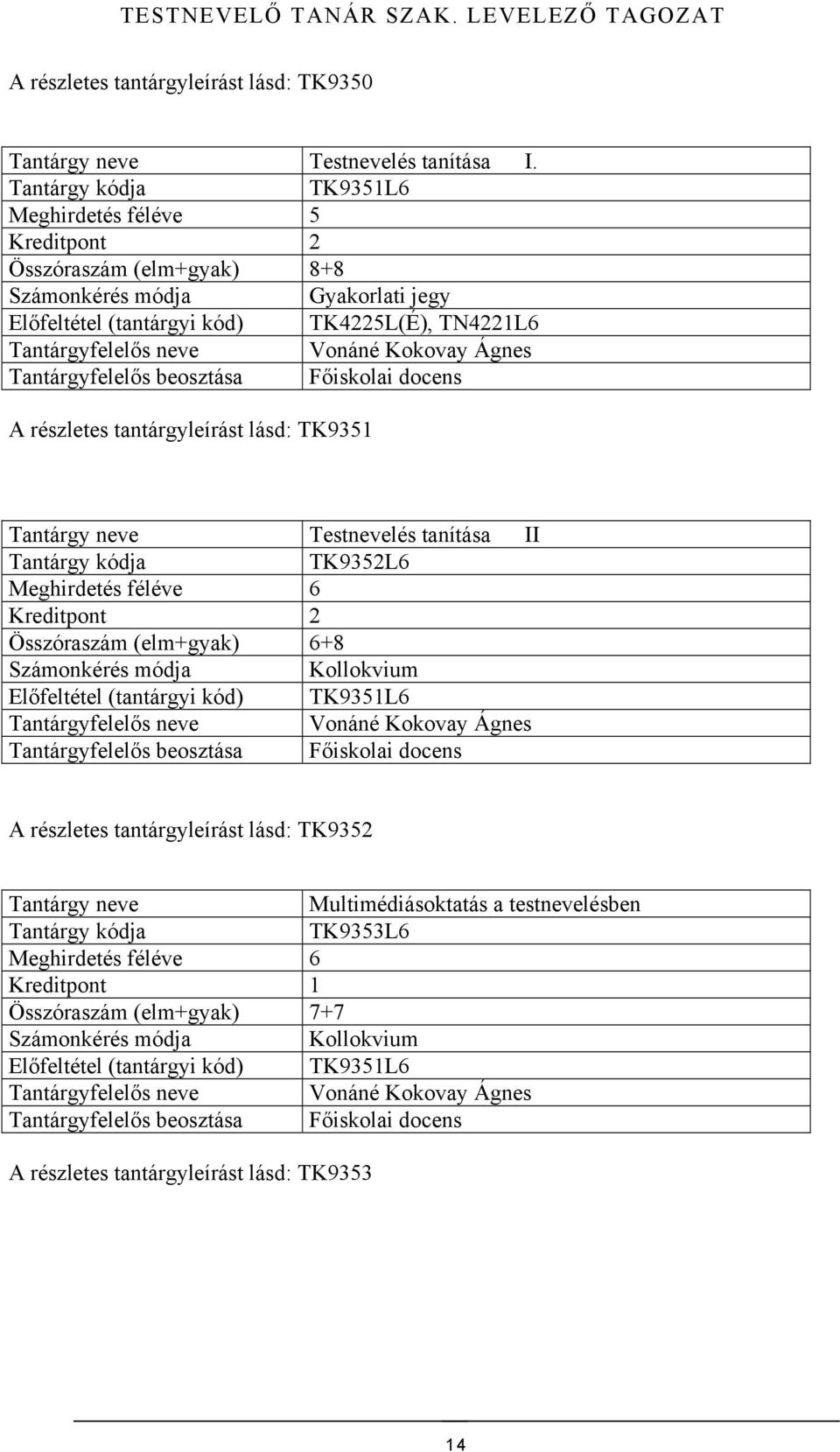 TK9351 Testnevelés tanítása II TK9352L6 Meghirdetés féléve 6 Összóraszám (elm+gyak) 6+8 Előfeltétel (tantárgyi kód)