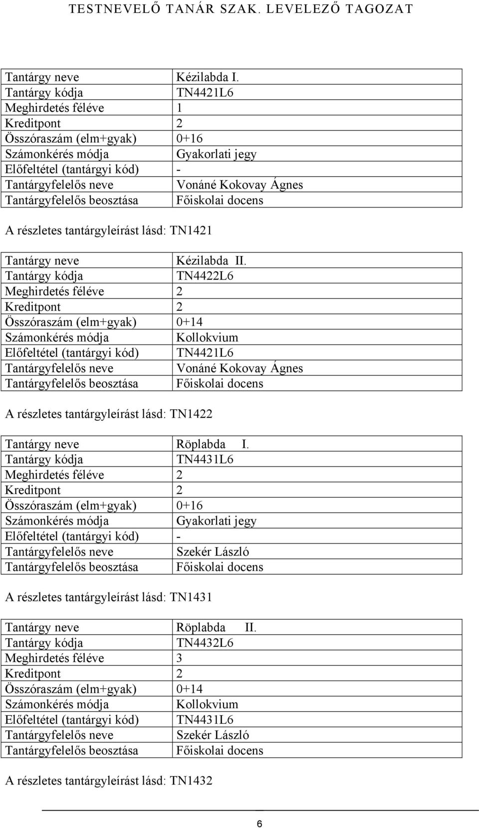 TN4422L6 Előfeltétel (tantárgyi kód) TN4421L6 A részletes tantárgyleírást lásd: TN1422