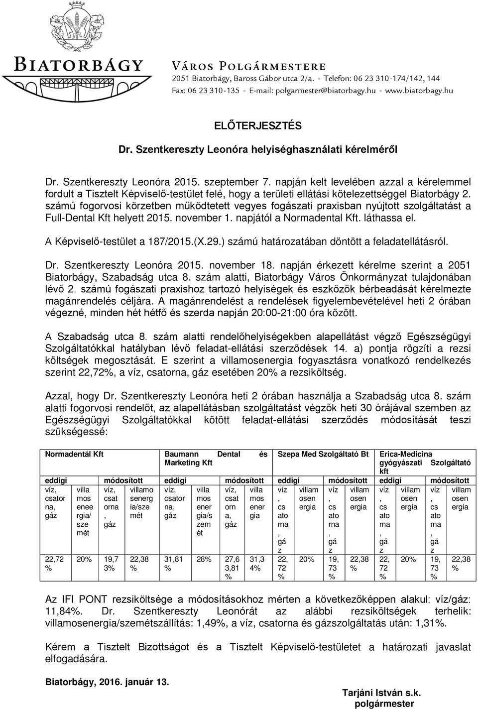 napján kelt levelében azzal a kérelemmel fordult a Tisztelt Képviselő-testület felé, hogy a területi ellátási kötelezettséggel Biatorbágy 2.