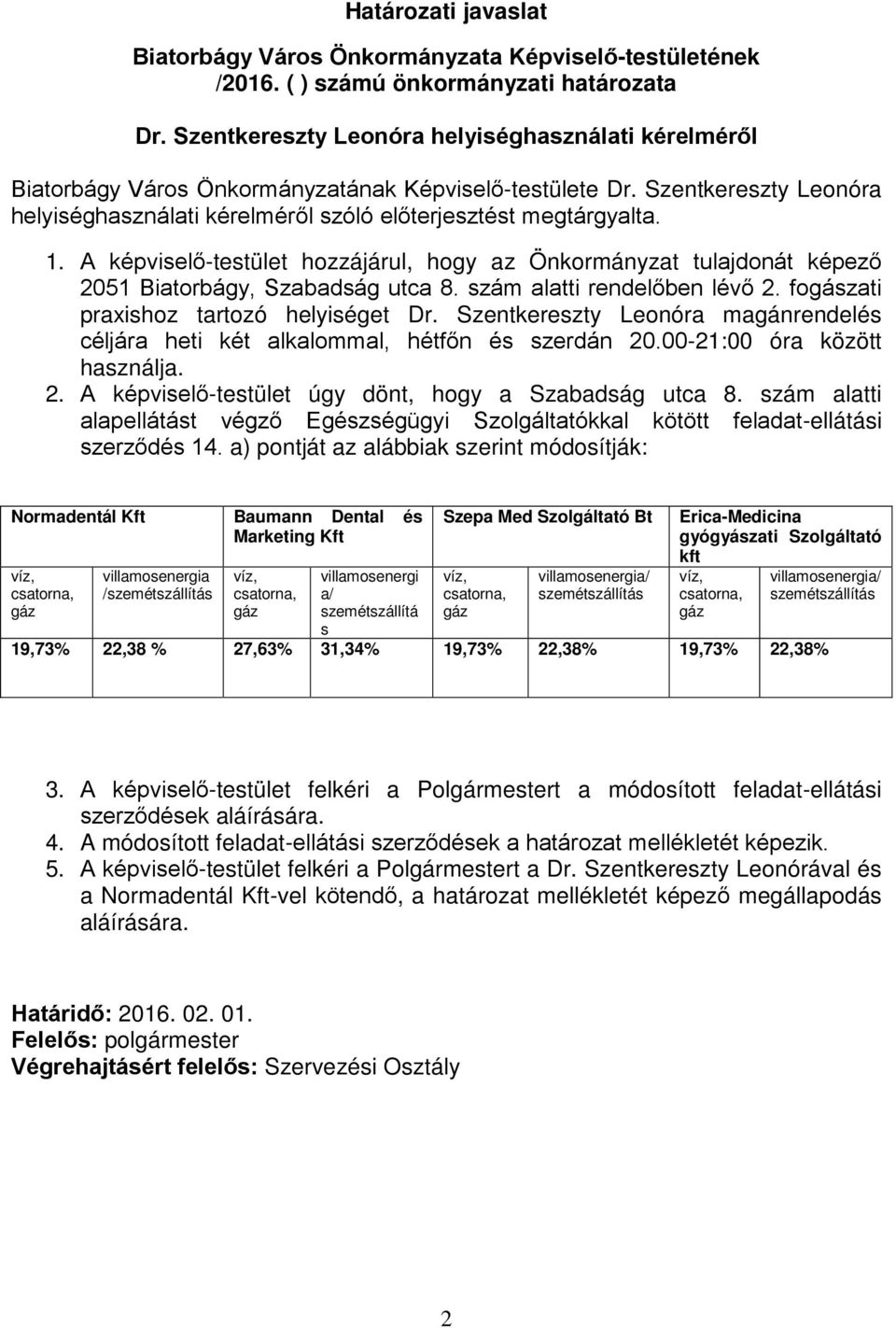 A képviselő-testület hozzájárul, hogy az Önkormányzat tulajdonát képező 2051 Biatorbágy, Szabadság utca 8. szám alatti rendelőben lévő 2. fogászati praxishoz tartozó helyiséget Dr.