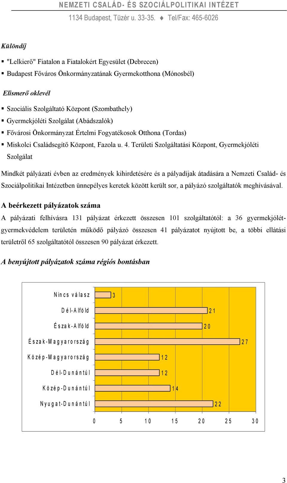 Területi Szolgáltatási Központ, Gyermekjóléti Szolgálat Mindkét pályázati évben az eredmények kihirdetésére és a pályadíjak átadására a Nemzeti Család- és Szociálpolitikai Intézetben ünnepélyes