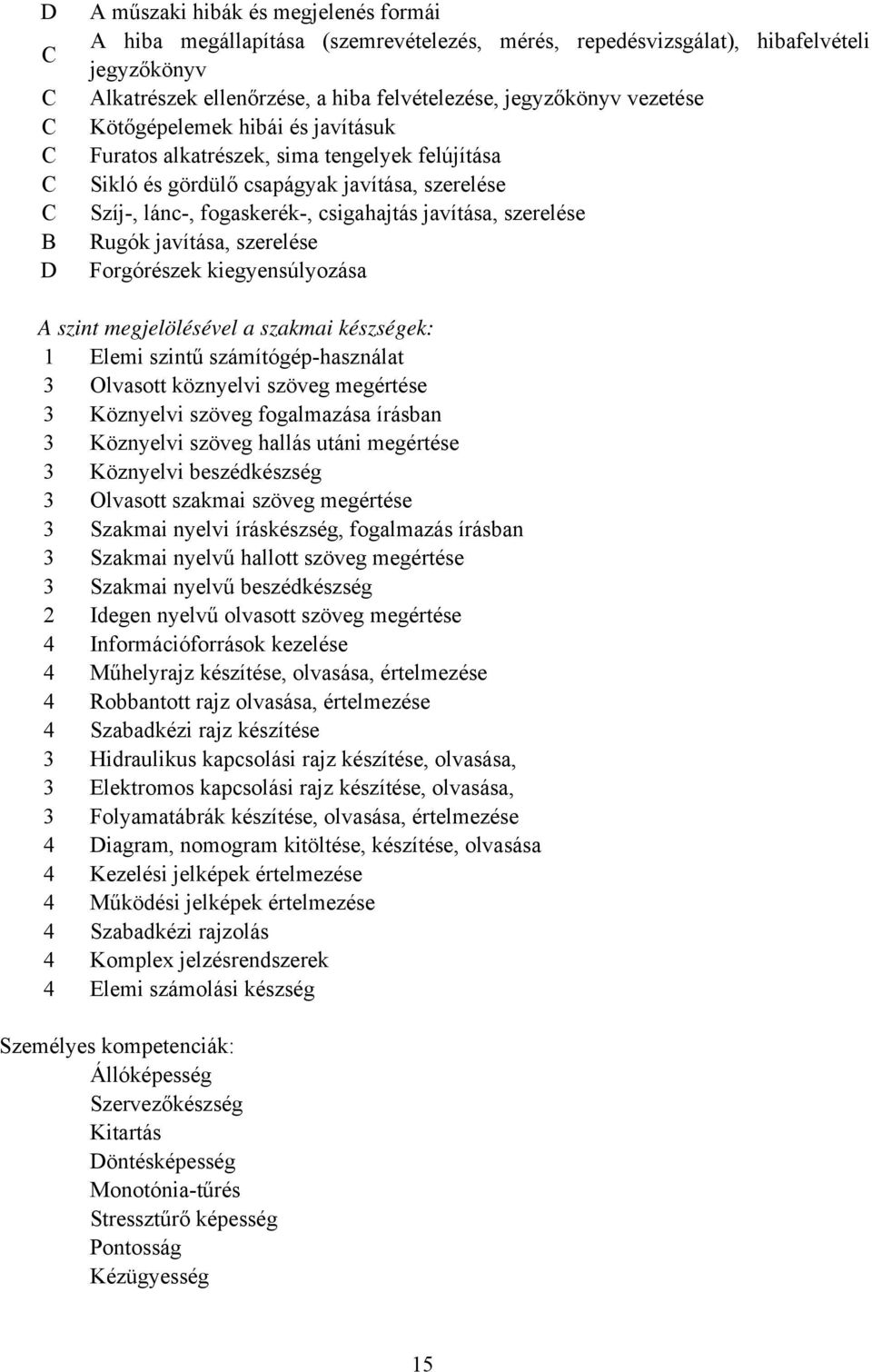 javítása, szerelése Forgórészek kiegyensúlyozása A szint megjelölésével a szakmai készségek: 1 Elemi szintű számítógép-használat 3 Olvasott köznyelvi szöveg megértése 3 Köznyelvi szöveg fogalmazása