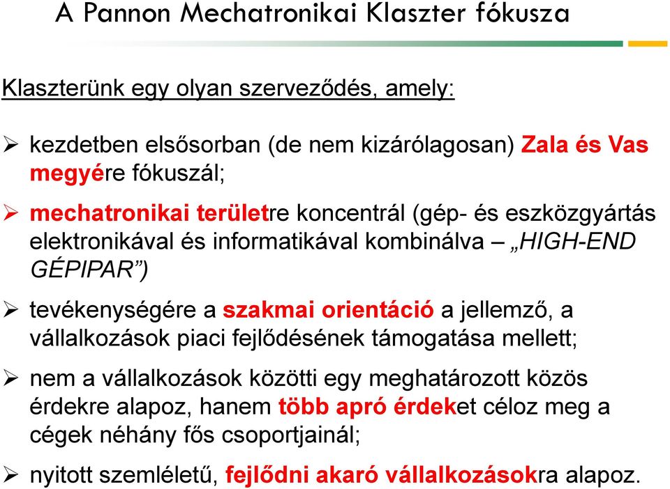 tevékenységére a szakmai orientáció a jellemző, a vállalkozások piaci fejlődésének támogatása mellett; nem a vállalkozások közötti egy