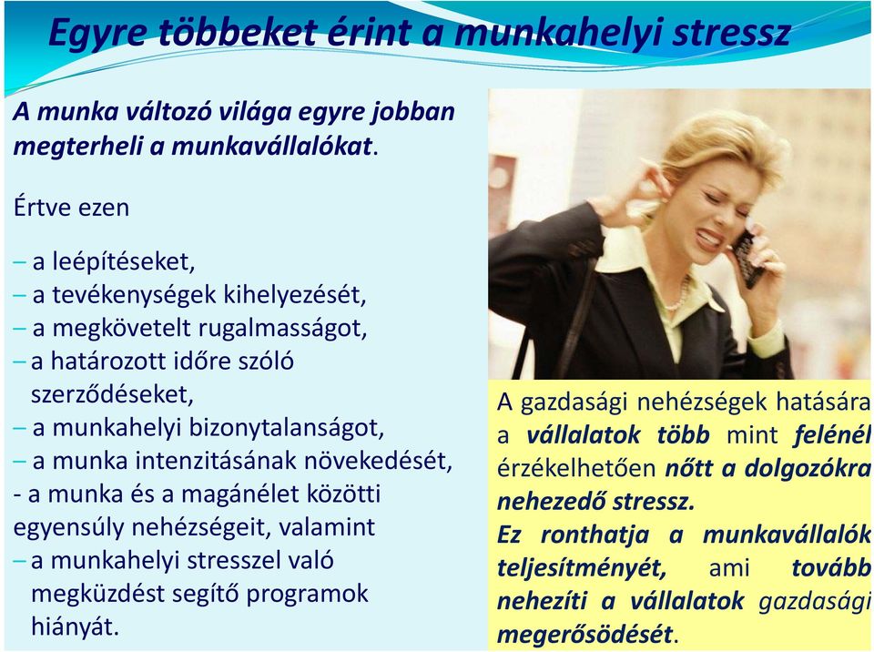 munka intenzitásának növekedését, a munka és a magánélet közötti egyensúly nehézségeit, valamint a munkahelyi stresszel való megküzdést segítő programok hiányát.