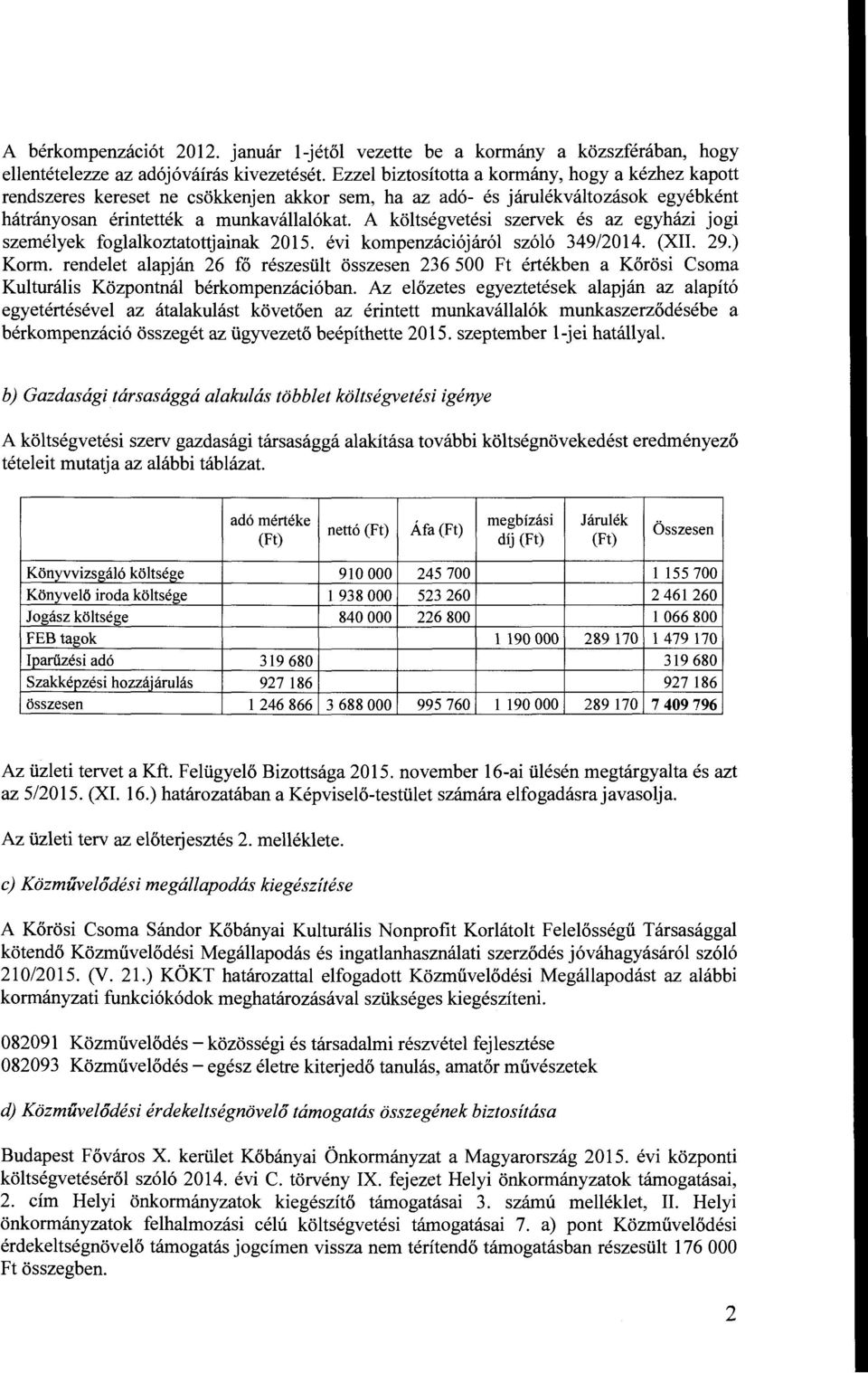 A költségvetési szervek és az egyházi jgi személyek fglalkztatttjainak 2015. évi kmpenzációjáról szóló 349/2014. (XII. 29.) Krm.