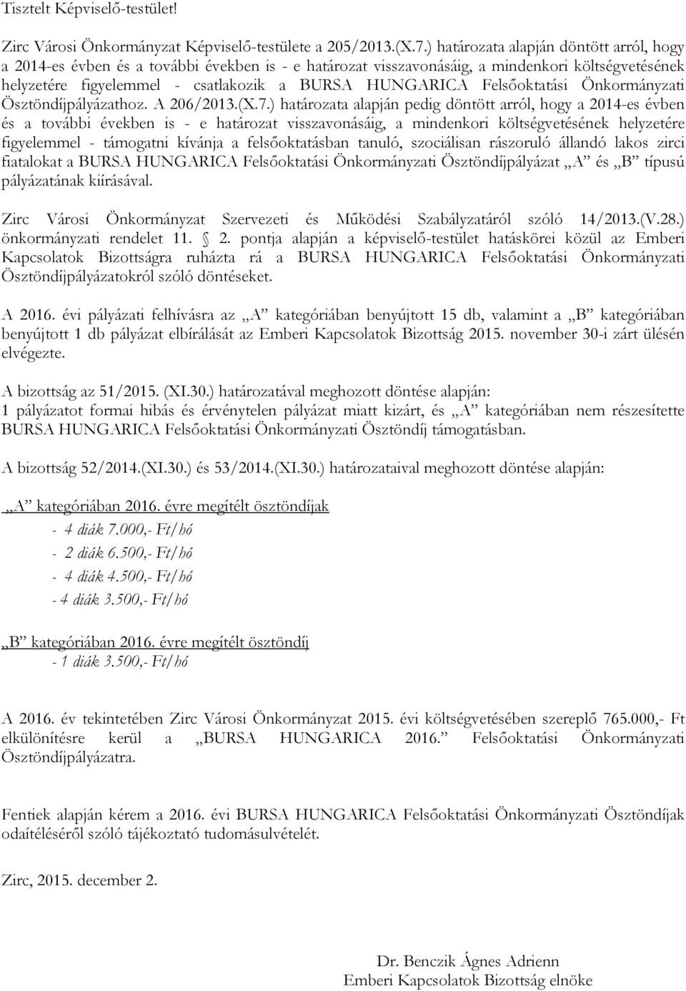 Felsőoktatási Önkormányzati Ösztöndíjpályázathoz. A 206/2013.(X.7.