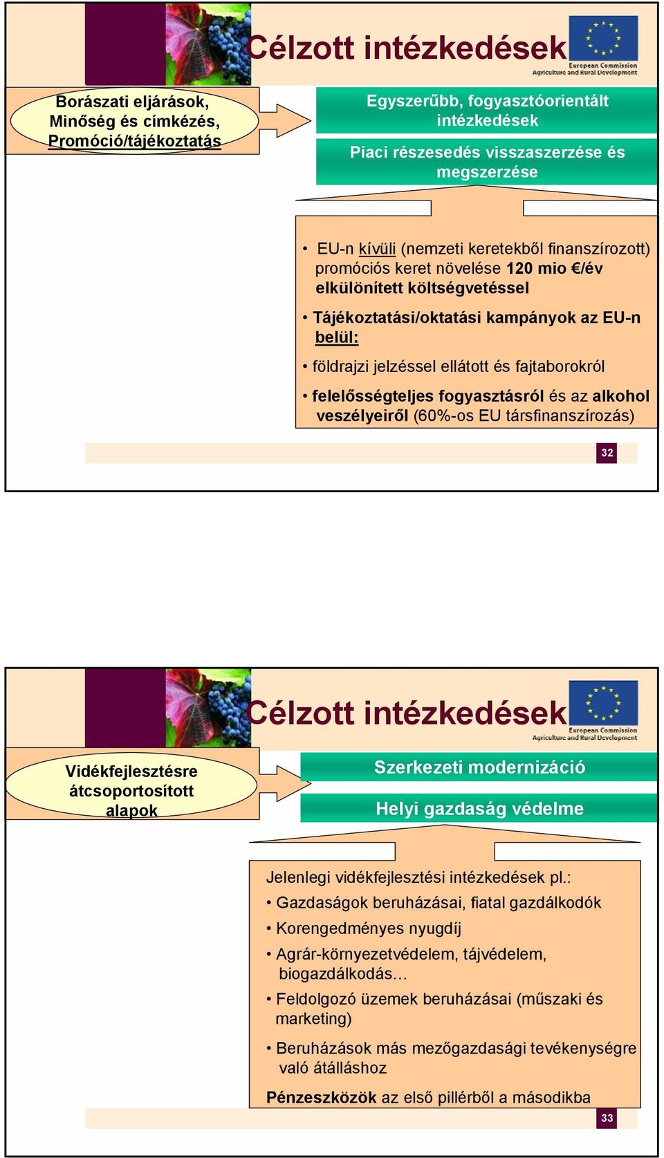 felelősségteljes fogyasztásról és az alkohol veszélyeiről (60%-os EU társfinanszírozás) 32 Célzott intézkedések Vidékfejlesztésre átcsoportosított alapok Szerkezeti modernizáció Helyi gazdaság