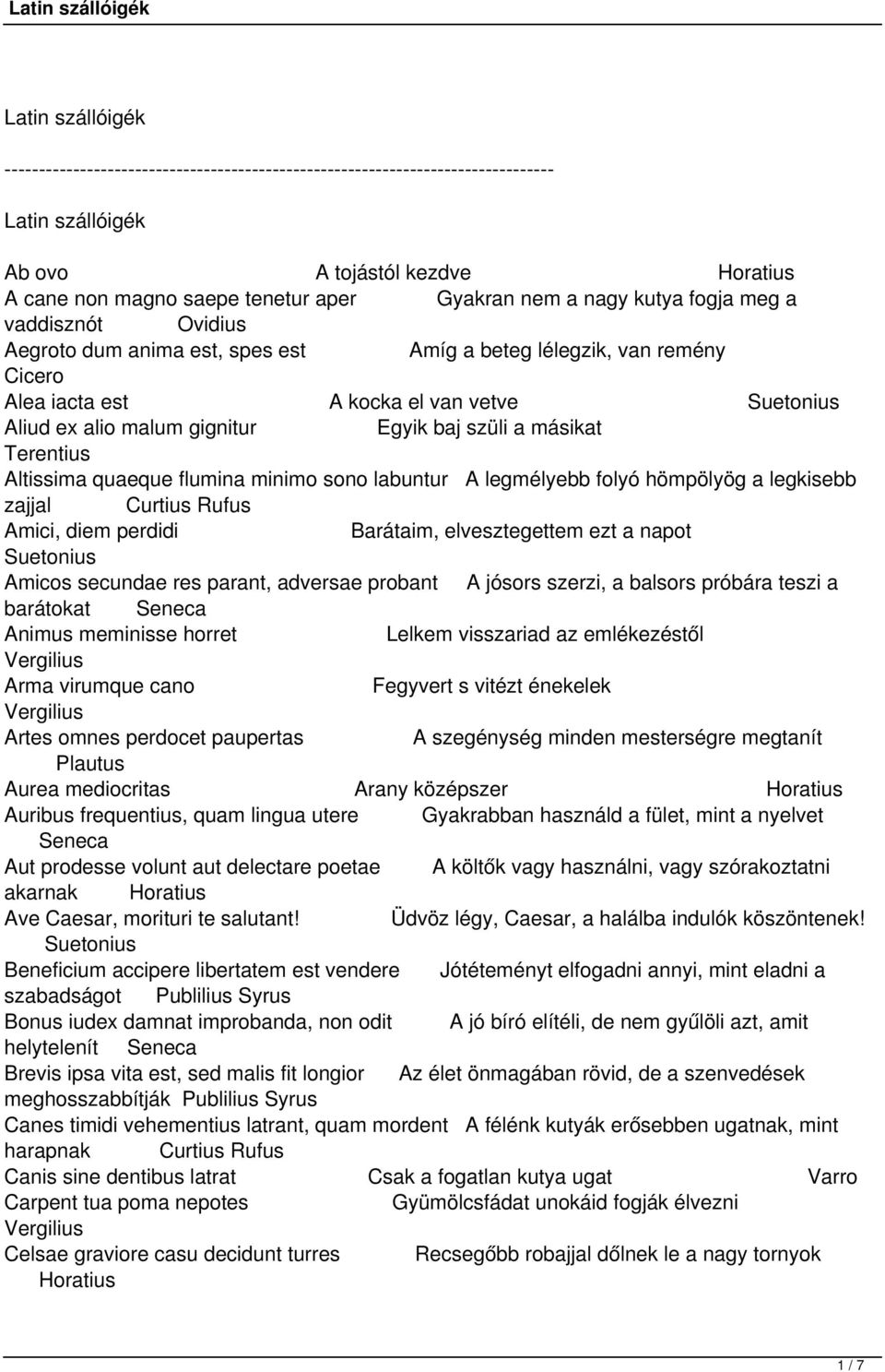 Terentius Altissima quaeque flumina minimo sono labuntur A legmélyebb folyó hömpölyög a legkisebb zajjal Curtius Rufus Amici, diem perdidi Barátaim, elvesztegettem ezt a napot Suetonius Amicos