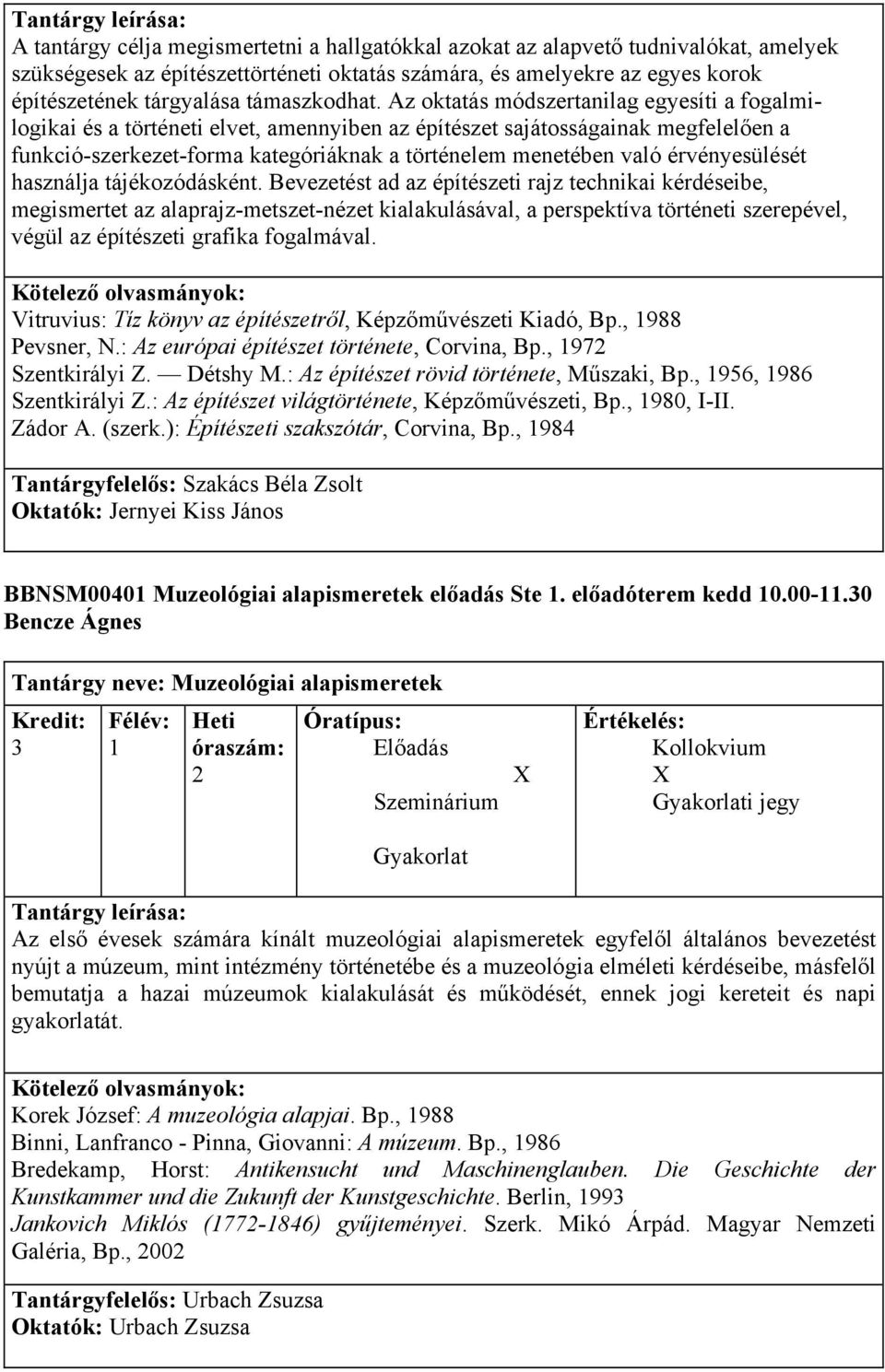 Az oktatás módszertanilag egyesíti a fogalmilogikai és a történeti elvet, amennyiben az építészet sajátosságainak megfelelően a funkció-szerkezet-forma kategóriáknak a történelem menetében való