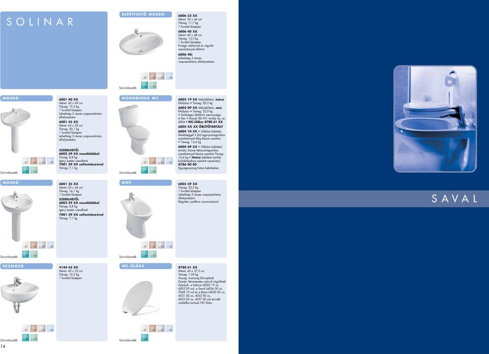 70 59 XX szifontakaróval Tömeg: 7,1 kg MONOBLOKK WC 6003 19 XX Mélyöblítésû, hátsó kifolyású Tömeg: 20,2 kg 6003 09 XX Mélyöblítésû, alsó kifolyású Tömeg: 22,0 kg 6 liter Hozzá illô WC tartály tip.