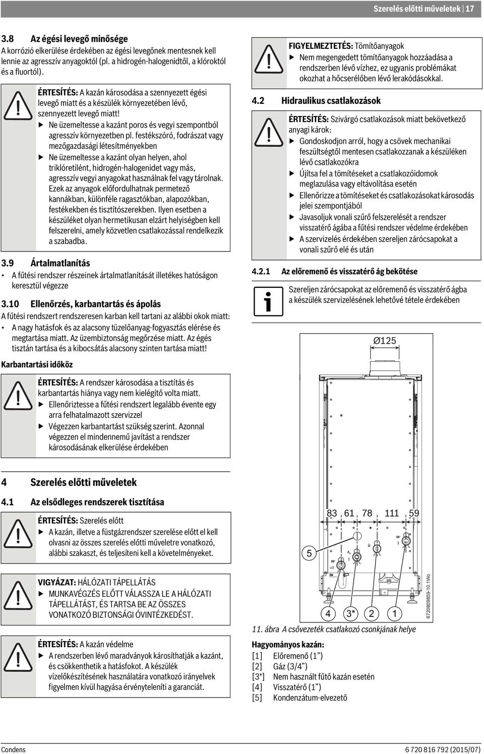 Ne üzemeltesse a kazánt poros és vegyi szempontból agresszív környezetben pl.