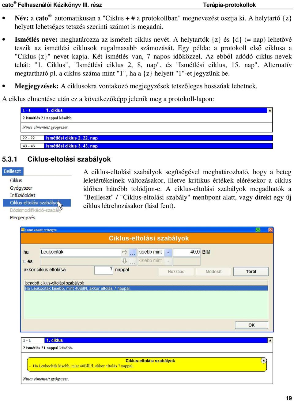 Egy példa: a prtkll elsı ciklusa a "Ciklus {z}" nevet kapja. Két ismétlés van, 7 naps idıközzel. Az ebbıl adódó ciklus-nevek tehát: "1. Ciklus", "Ismétlési ciklus 2, 8, nap", és "Ismétlési ciklus, 15.