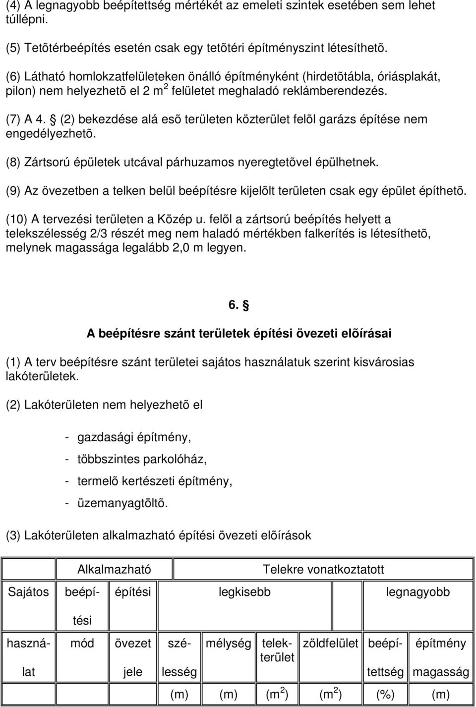 (2) bekezdése alá esõ területen közterület felõl garázs építése nem engedélyezhetõ. (8) Zártsorú épületek utcával párhuzamos nyeregtetõvel épülhetnek.