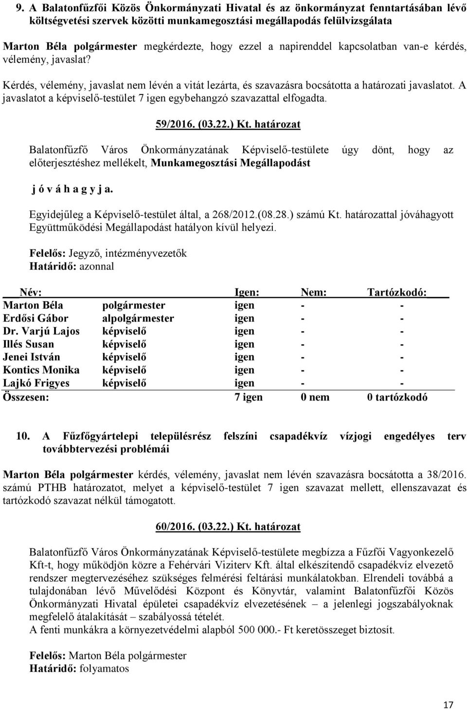 A javaslatot a képviselő-testület 7 igen egybehangzó szavazattal elfogadta. 59/2016. (03.22.) Kt.