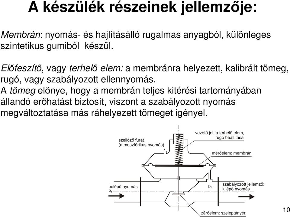 Elıfeszítı, vagy terhelı elem: a membránra helyezett, kalibrált tömeg, rugó, vagy szabályozott