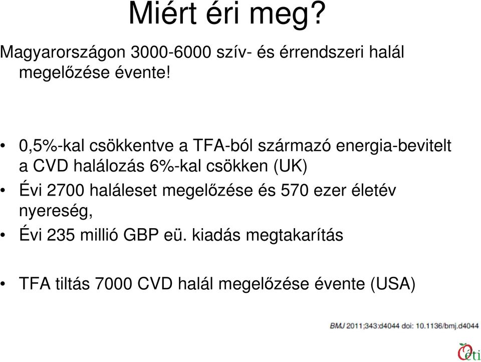 0,5%-kal csökkentve a TFA-ból származó energia-bevitelt a CVD halálozás 6%-kal