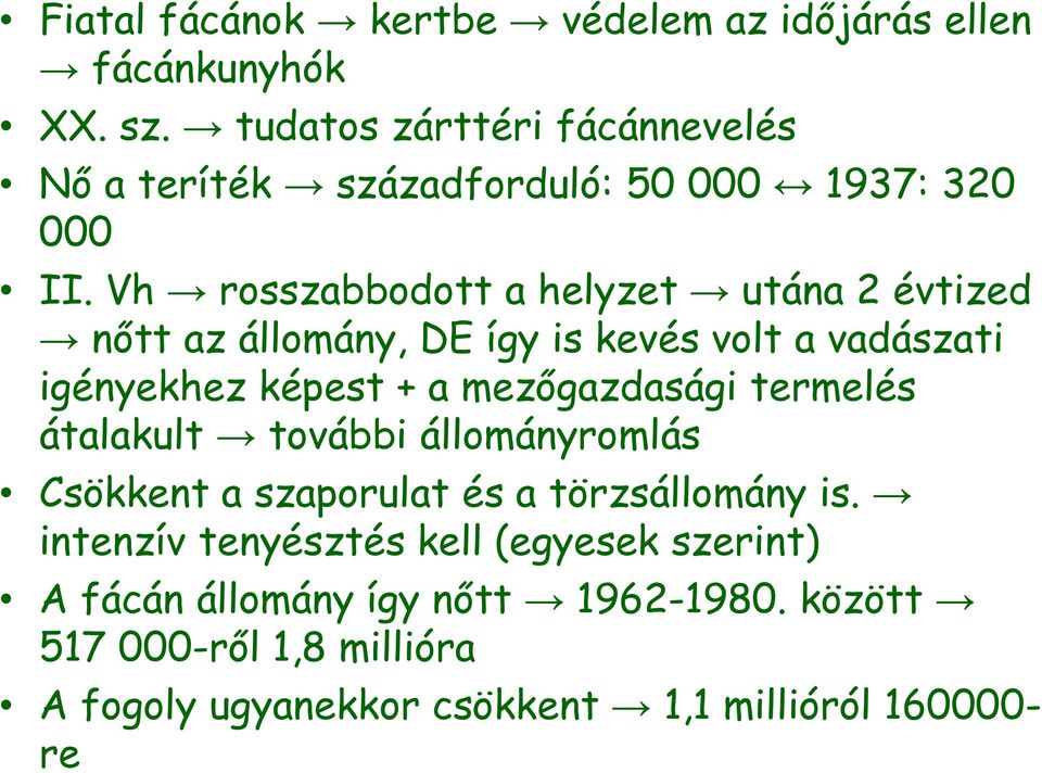 Vh rosszabbodott a helyzet utána 2 évtized nőtt az állomány, DE így is kevés volt a vadászati igényekhez képest + a mezőgazdasági