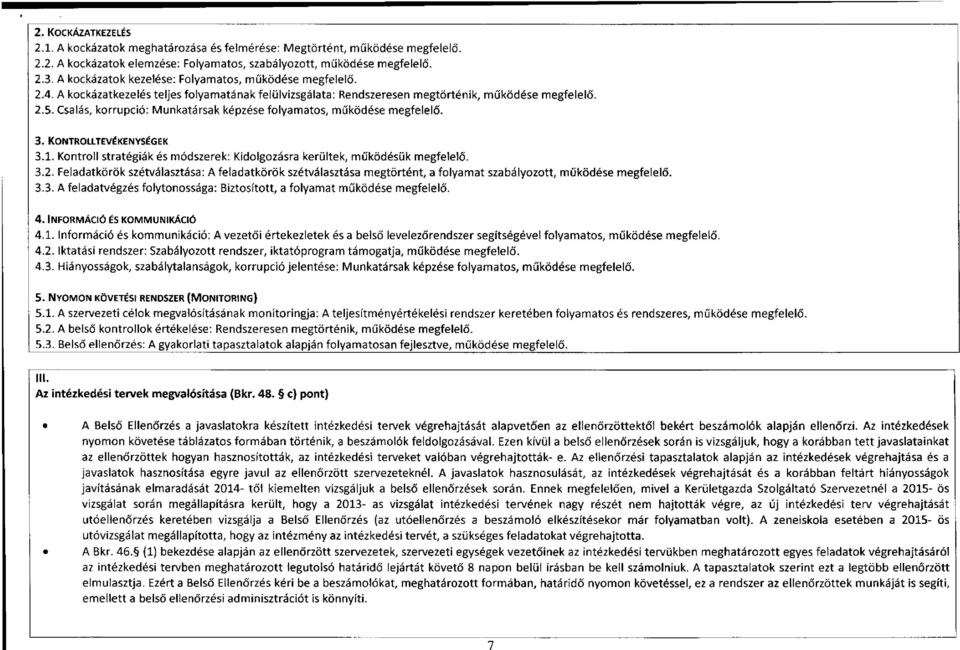 Csalás, korrupció: Munkatársak képzése folyamatos, működése megfelelő. 3. KONTROLLTEVÉKENYSÉGEK 3.1. Kontroll stratégiák és módszerek: Kidolgozásra kerültek, működésük megfelelő. 3.2.