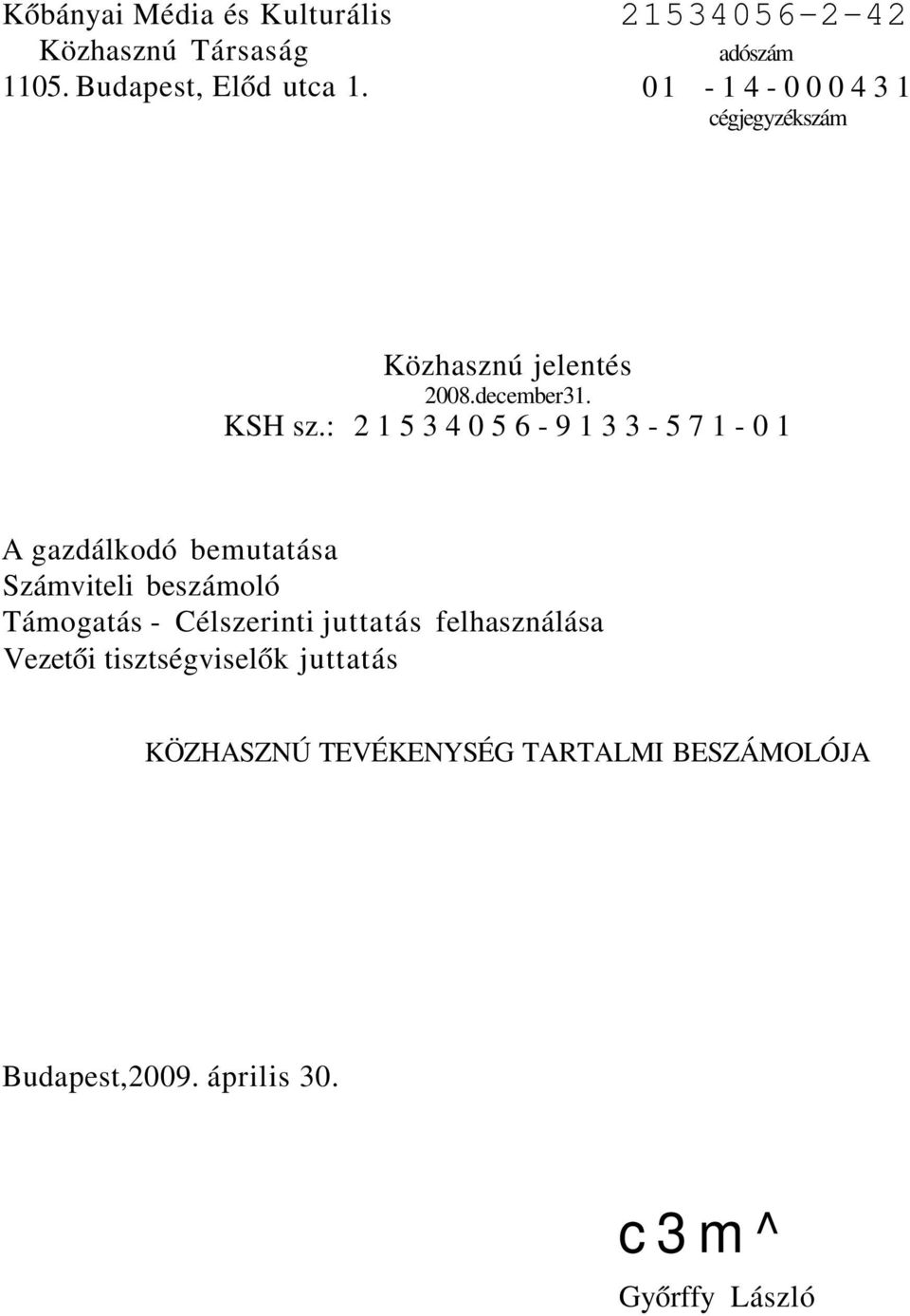 : 2153456-9133-571-1 A gazdálkodó bemutatása Számviteli beszámoló Támogatás - Célszerinti juttatás