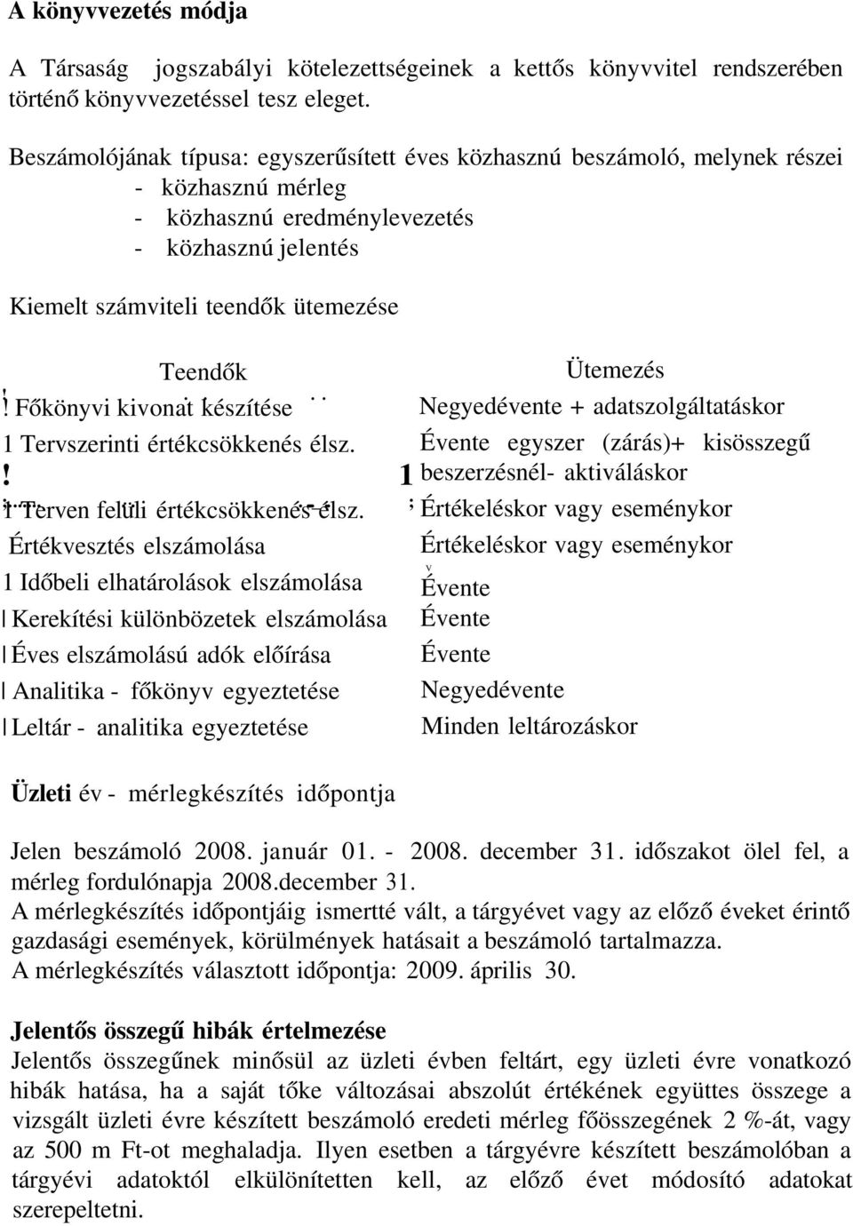 Ütemezés..! Főkönyvi kivonat készítése.. Negyedévente + adatszolgáltatáskor 1 Tervszerinti értékcsökkenés élsz. Évente egyszer (zárás)+ kisösszegű beszerzésnél- aktiváláskor! 1 ;......._.