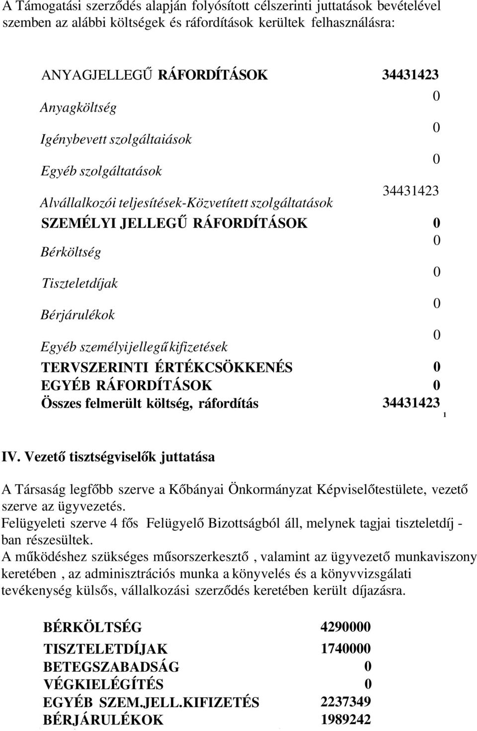 jellegű kifizetések TERVSZERINTI ÉRTÉKCSÖKKENÉS EGYÉB RÁFORDÍTÁSOK Összes felmerült költség, ráfordítás 34431423 1 IV.