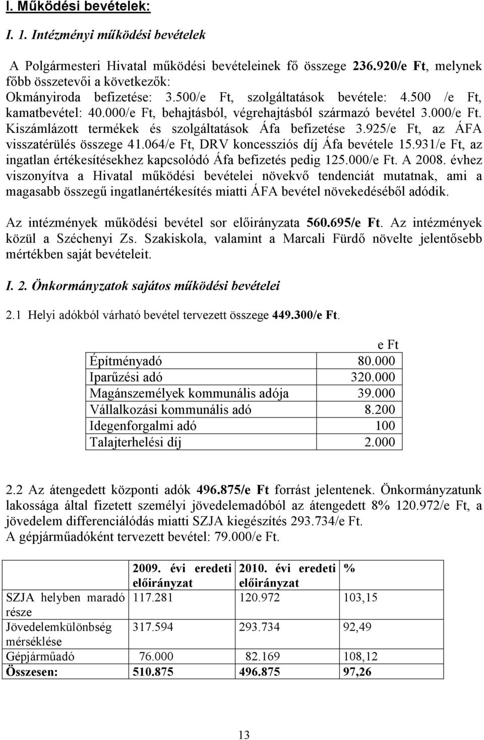 925/e Ft, az ÁFA visszatérülés összege 41.064/e Ft, DRV koncessziós díj Áfa bevétele 15.931/e Ft, az ingatlan értékesítésekhez kapcsolódó Áfa befizetés pedig 125.000/e Ft. A 2008.