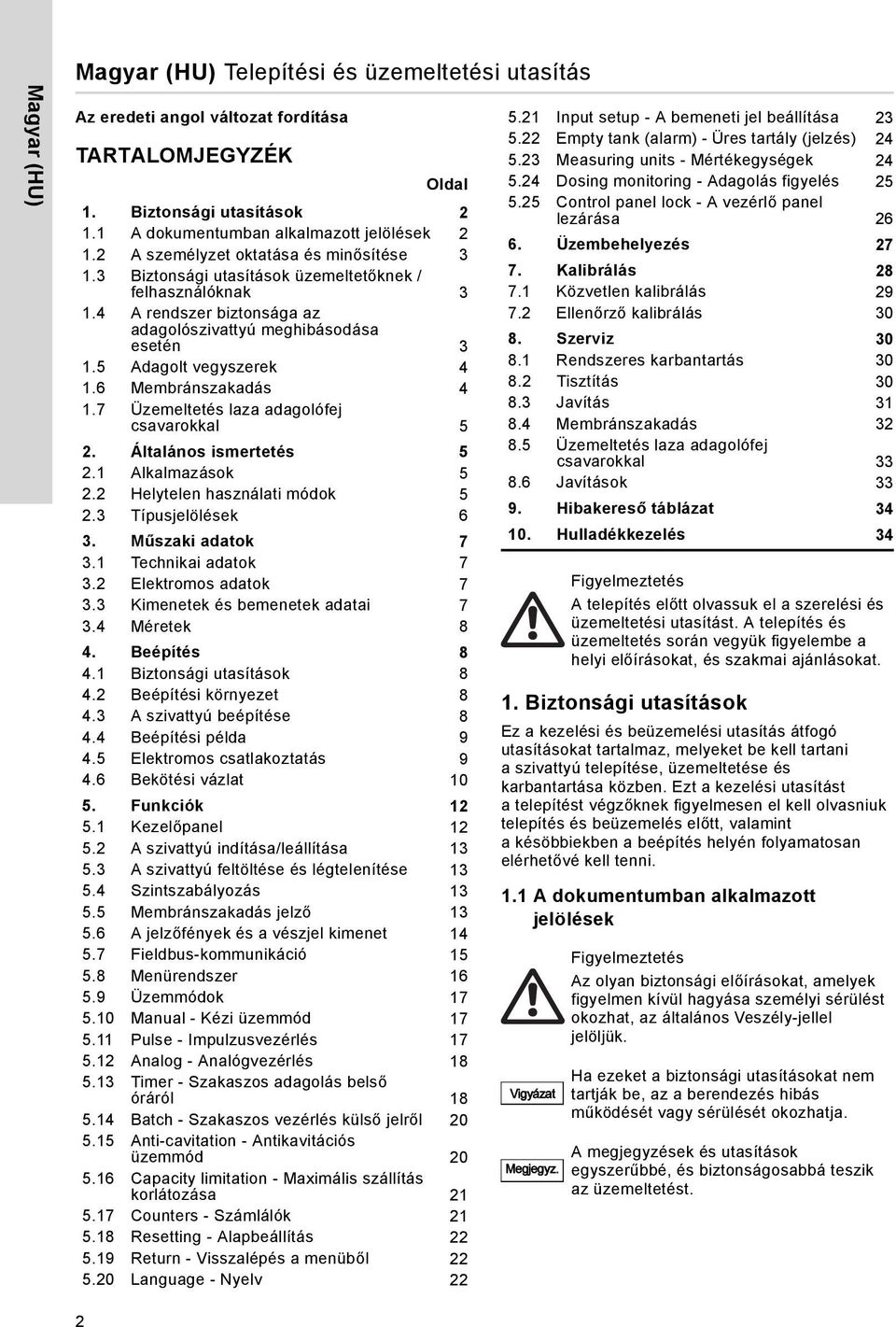 6 Membránszakadás 4 1.7 Üzemeltetés laza adagolófej csavarokkal 5 2. Általános ismertetés 5 2.1 Alkalmazások 5 2.2 Helytelen használati módok 5 2.3 Típusjelölések 6 3. Műszaki adatok 7 3.