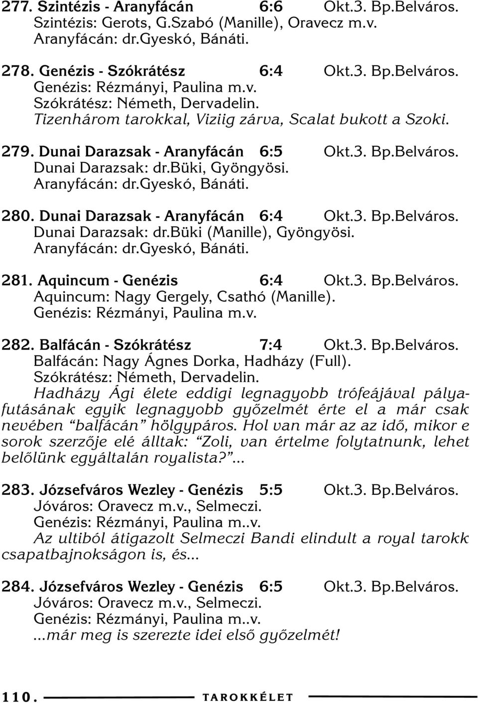 Aranyfácán: dr.gyeskó, Bánáti. 280. Dunai Darazsak - Aranyfácán 6:4 Okt.3. Bp.Belváros. Dunai Darazsak: dr.büki (Manille), Gyöngyösi. Aranyfácán: dr.gyeskó, Bánáti. 281. Aquincum - Genézis 6:4 Okt.3. Bp.Belváros. Aquincum: Nagy Gergely, Csathó (Manille).