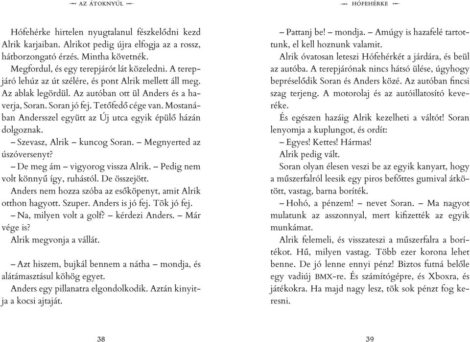 Tetőfedő cége van. Mostanában Andersszel együtt az Új utca egyik épülő házán dolgoznak. Szevasz, Alrik kuncog Soran. Megnyerted az úszóversenyt? De meg ám vigyorog vissza Alrik.