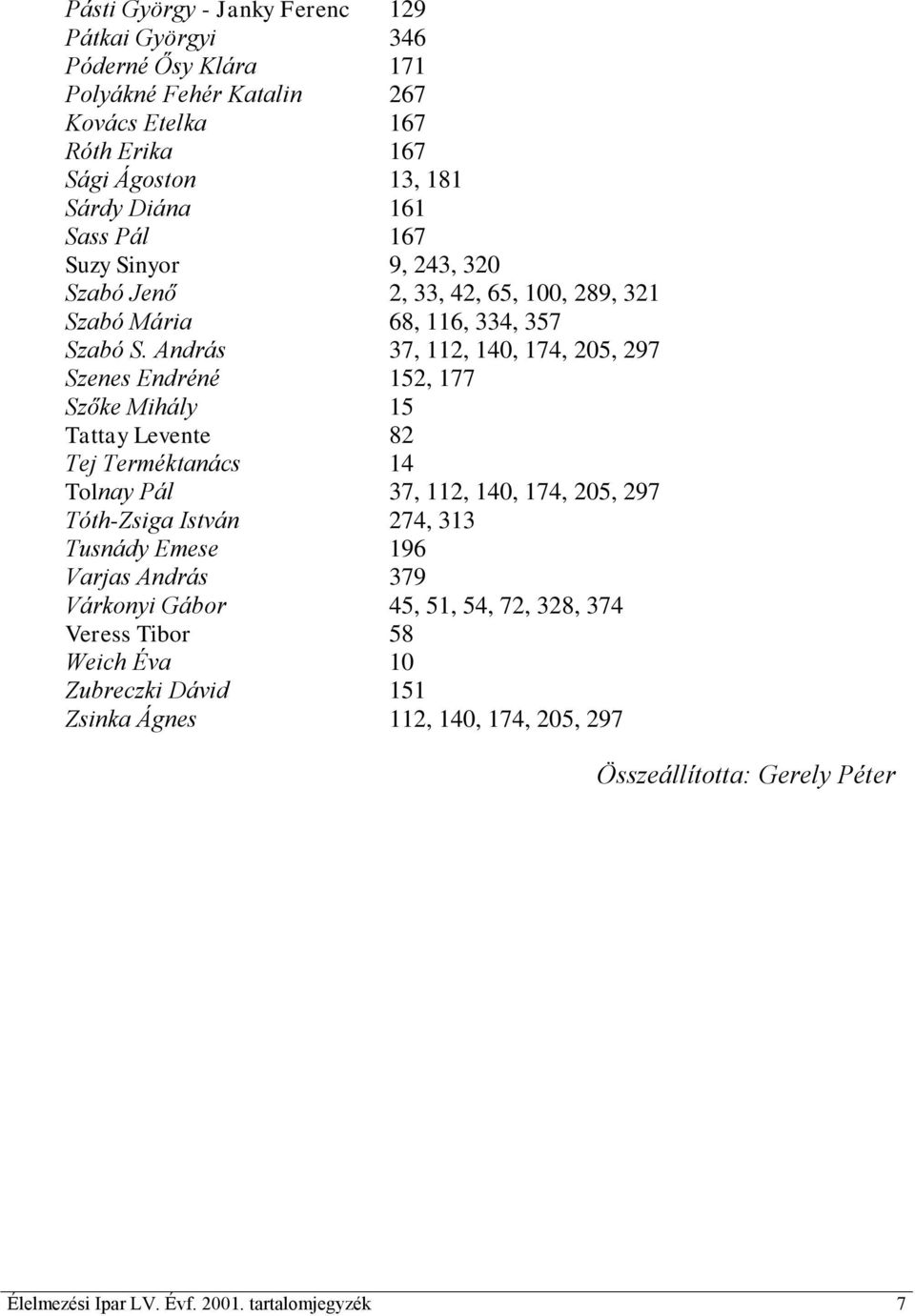 András 37, 112, 140, 174, 205, 297 Szenes Endréné 152, 177 Szőke Mihály 15 Tattay Levente 82 Tej Terméktanács 14 Tolnay Pál 37, 112, 140, 174, 205, 297 Tóth-Zsiga István 274,