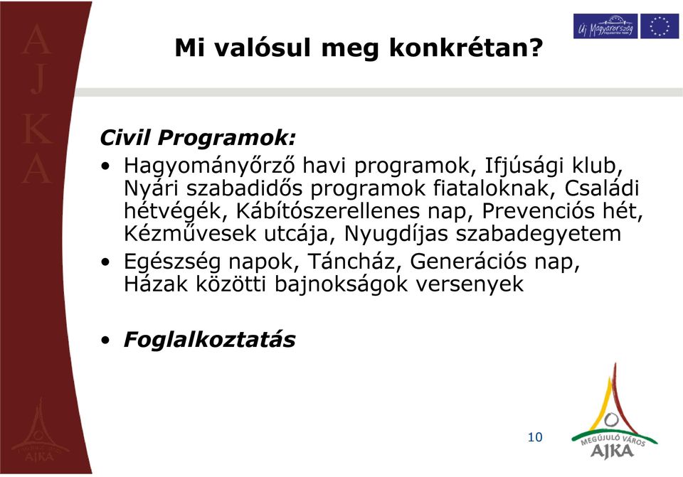 programok fiataloknak, Családi hétvégék, Kábítószerellenes nap, Prevenciós hét,