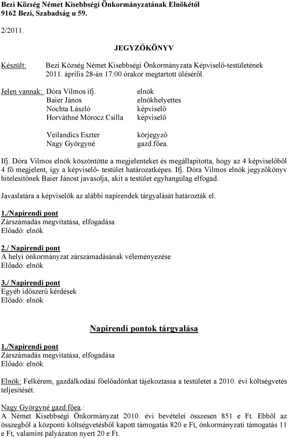 Baier János Nochta László Horváthné Mórocz Csilla Veilandics Eszter Nagy Györgyné elnök elnökhelyettes képviselő képviselő körjegyző gazd.főea. Ifj.