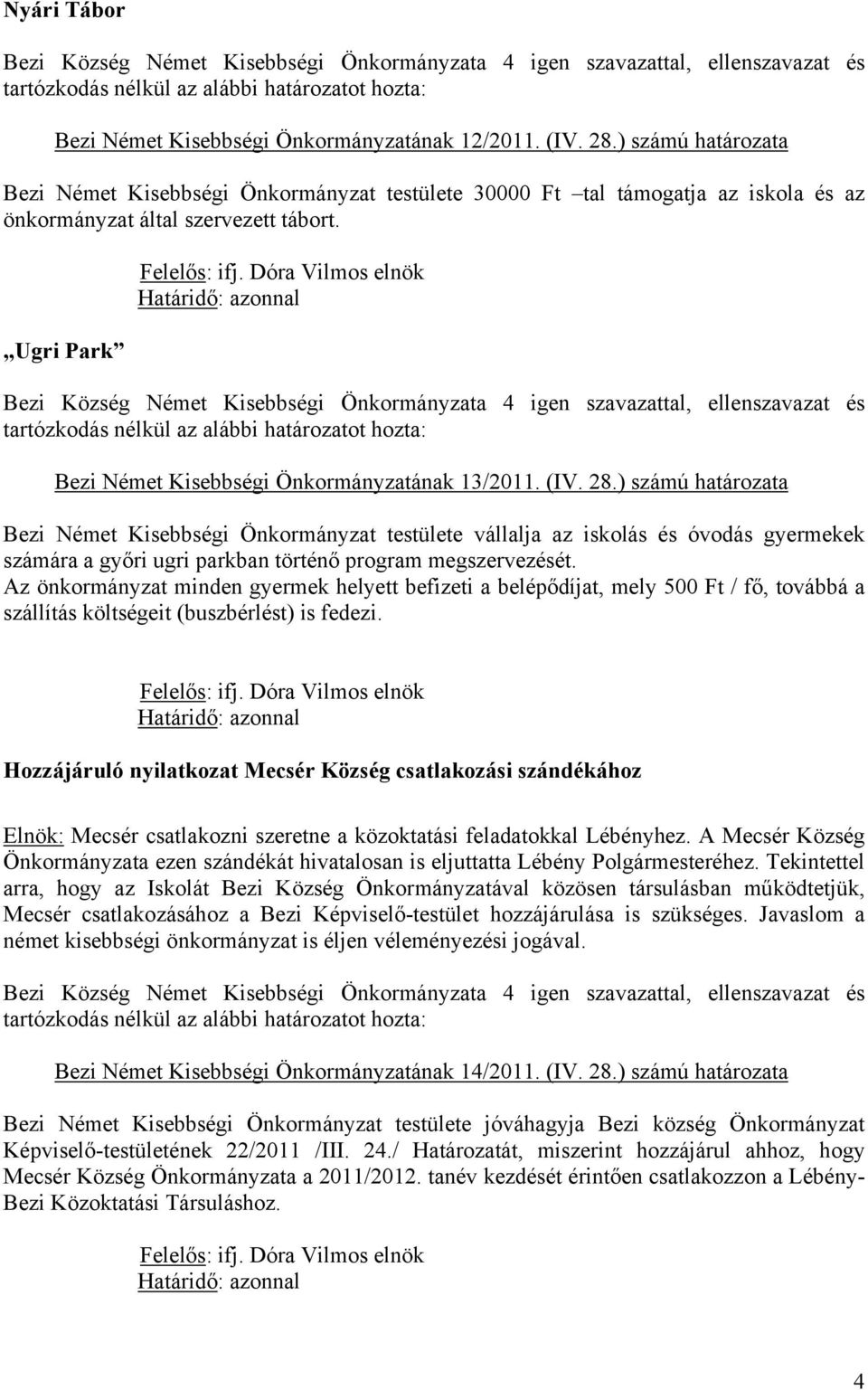 (IV. 28.) számú határozata Bezi Német Kisebbségi Önkormányzat testülete vállalja az iskolás és óvodás gyermekek számára a győri ugri parkban történő program megszervezését.