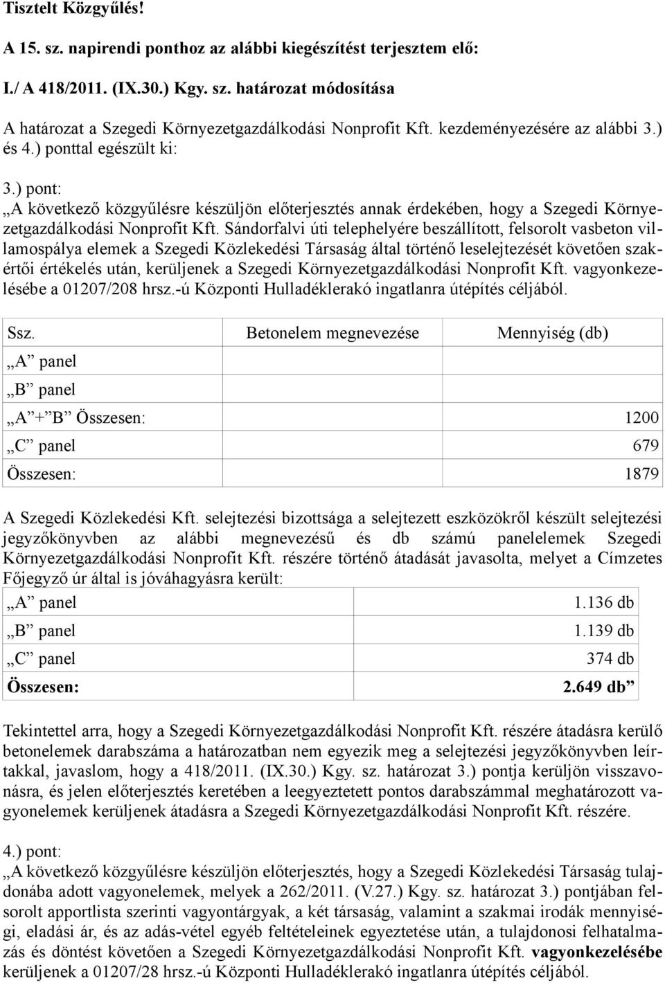 Sándorfalvi úti telephelyére beszállított, felsorolt vasbeton villamospálya elemek a Szegedi Közlekedési Társaság által történő leselejtezését követően szakértői értékelés után, kerüljenek a Szegedi