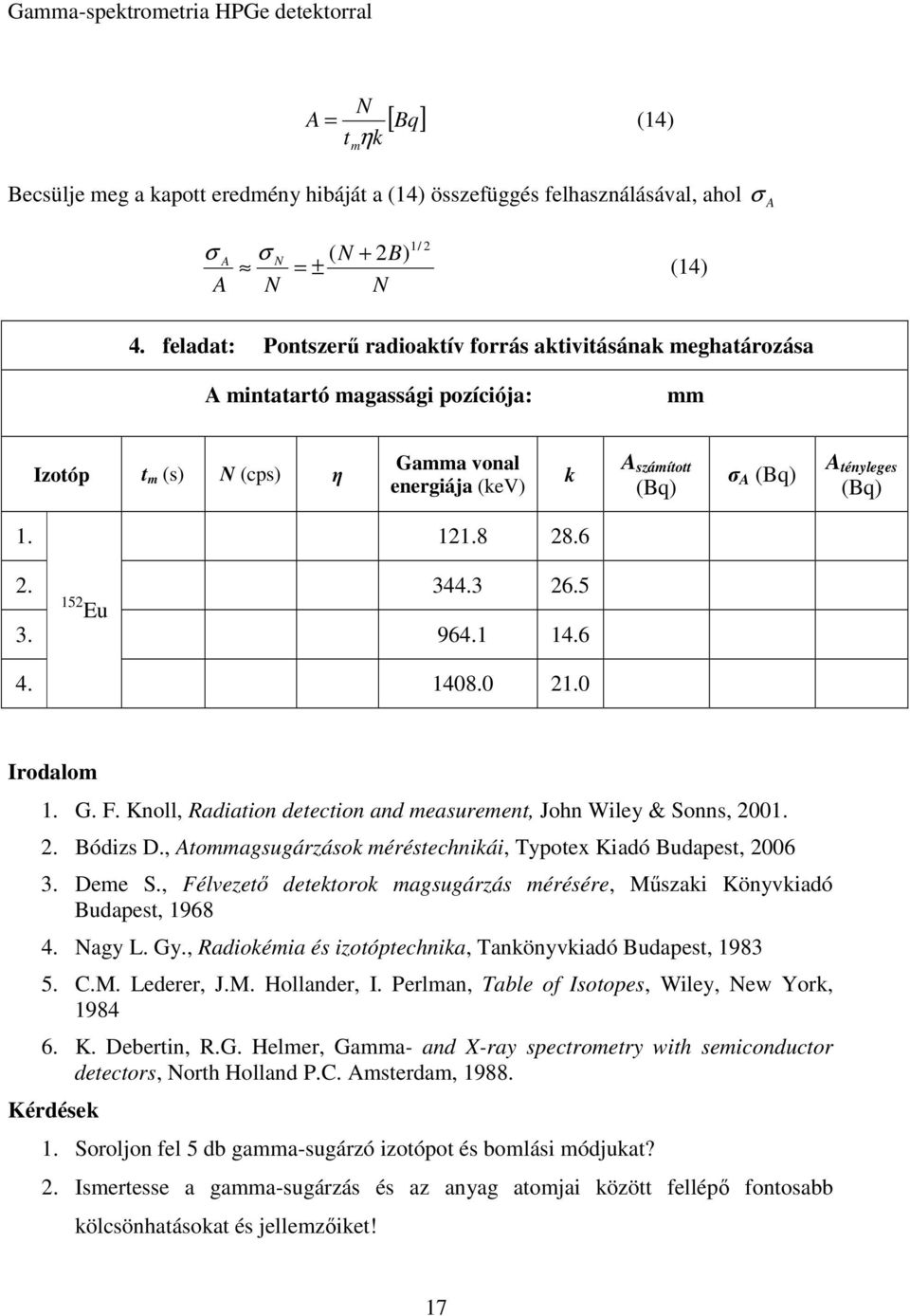 (Bq) 1. 11.8 8.6. 344.3 6.5 15 Eu 3. 964.1 14.6 4. 1408.0 1.0 Irodalom 1. G. F. Knoll, Radiation detection and measurement, John Wiley & Sonns, 001.. Bódizs D.