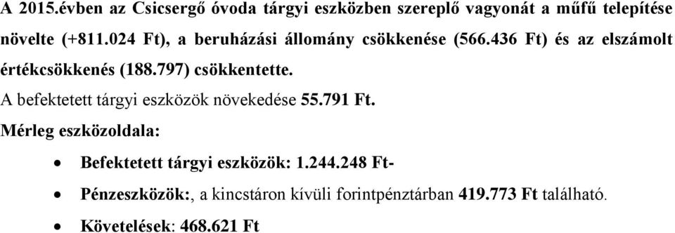 A befektetett tárgyi eszközök növekedése 55.791 Ft. Mérleg eszközoldala: Befektetett tárgyi eszközök: 1.