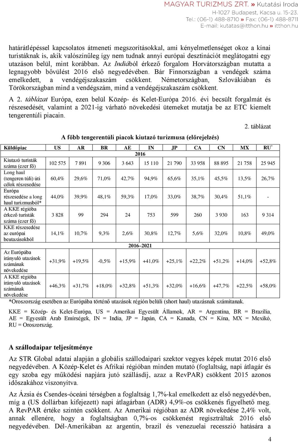 Németországban, Szlovákiában és Törökországban mind a vendégszám, mind a vendégéjszakaszám csökkent. A 2. táblázat Európa, ezen belül Közép- és Kelet-Európa 2016.