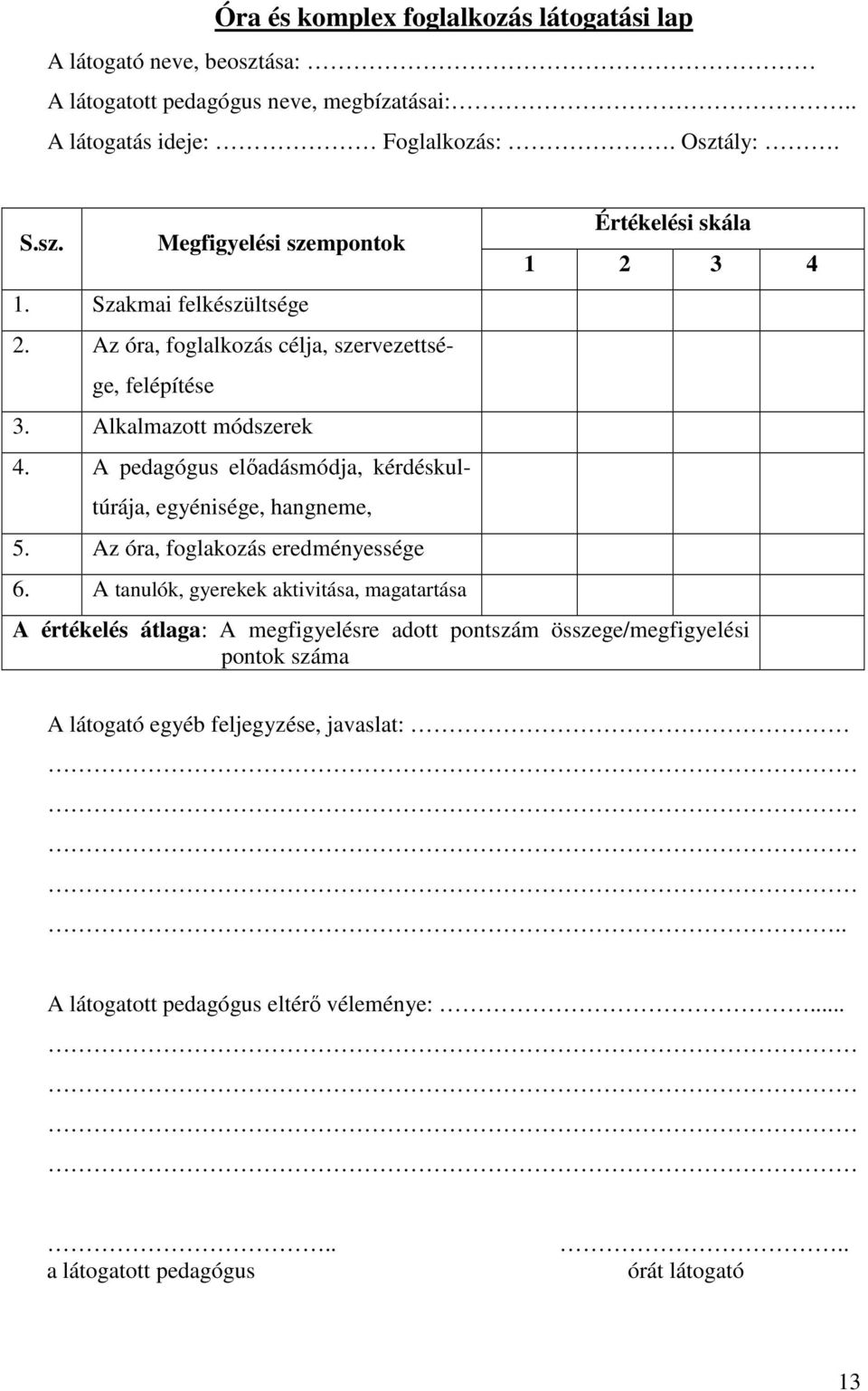 A pedagógus előadásmódja, kérdéskultúrája, egyénisége, hangneme, 5. Az óra, foglakozás eredményessége 6.