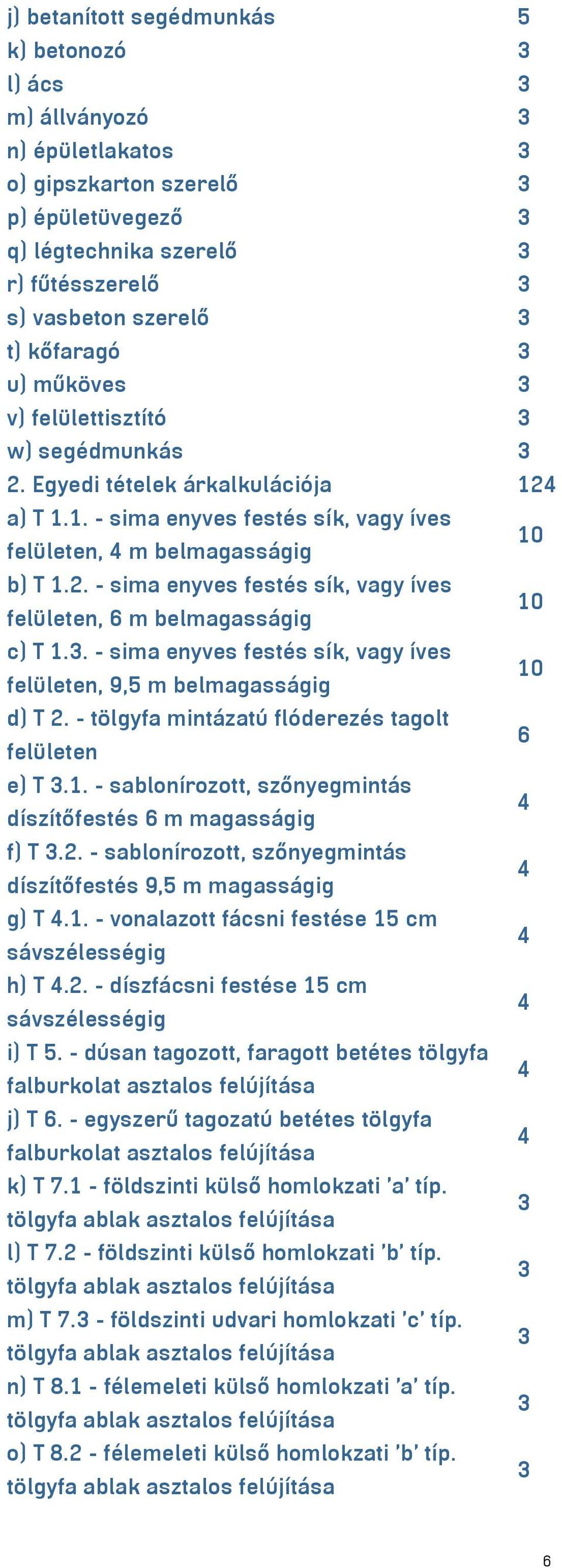 . - sima enyves festés sík, vagy íves felületen, 6 m belmagasságig 0 c) T.3. - sima enyves festés sík, vagy íves felületen, 9,5 m belmagasságig 0 d) T.