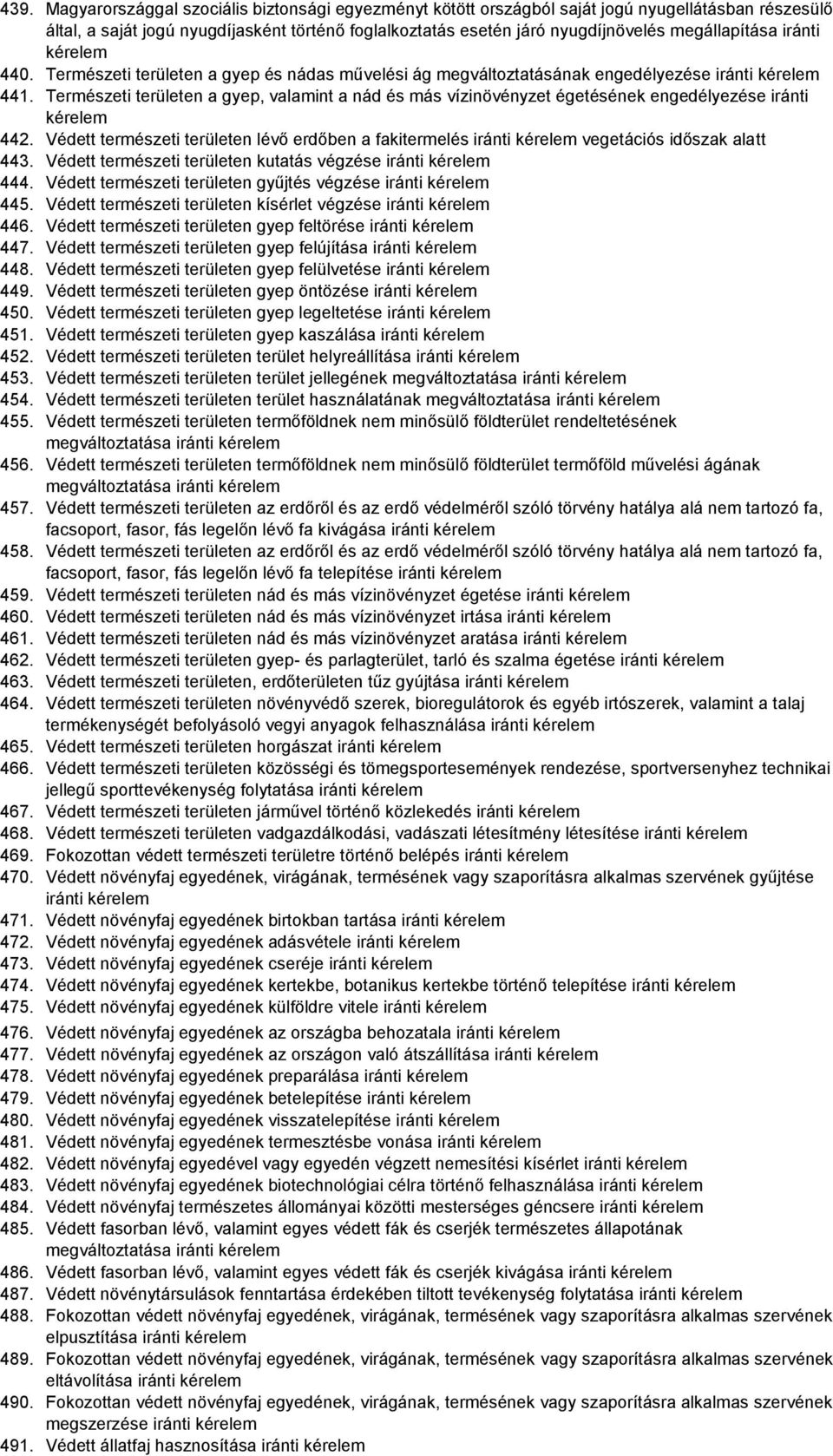 Természeti területen a gyep, valamint a nád és más vízinövényzet égetésének engedélyezése iránti 442. Védett természeti területen lévő erdőben a fakitermelés iránti vegetációs időszak alatt 443.