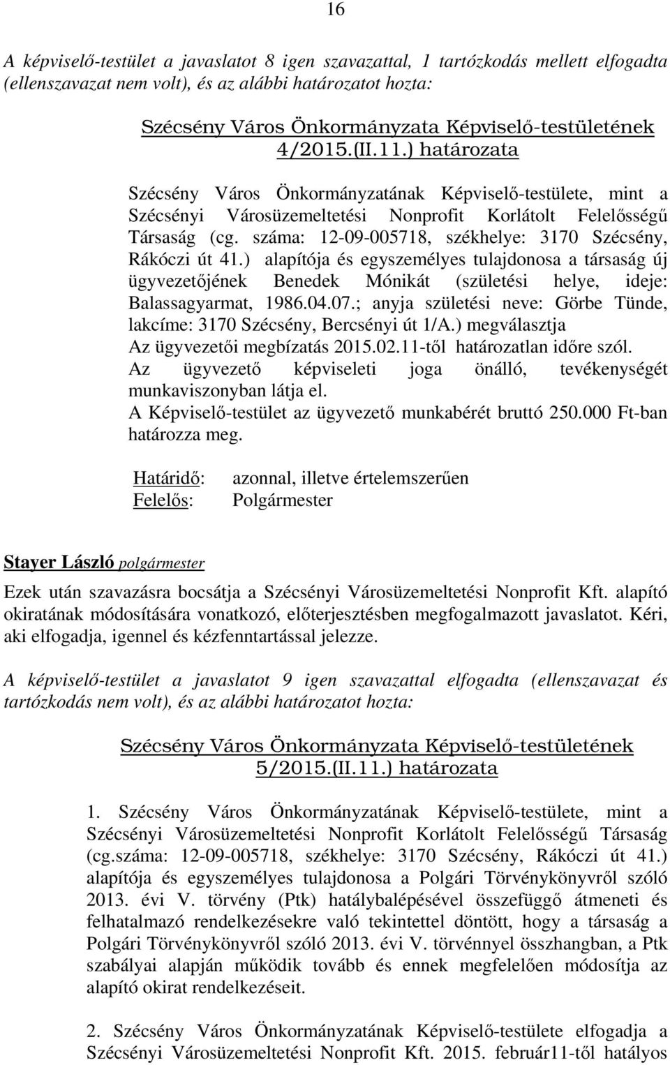 száma: 12-09-005718, székhelye: 3170 Szécsény, Rákóczi út 41.) alapítója és egyszemélyes tulajdonosa a társaság új ügyvezetőjének Benedek Mónikát (születési helye, ideje: Balassagyarmat, 1986.04.07.