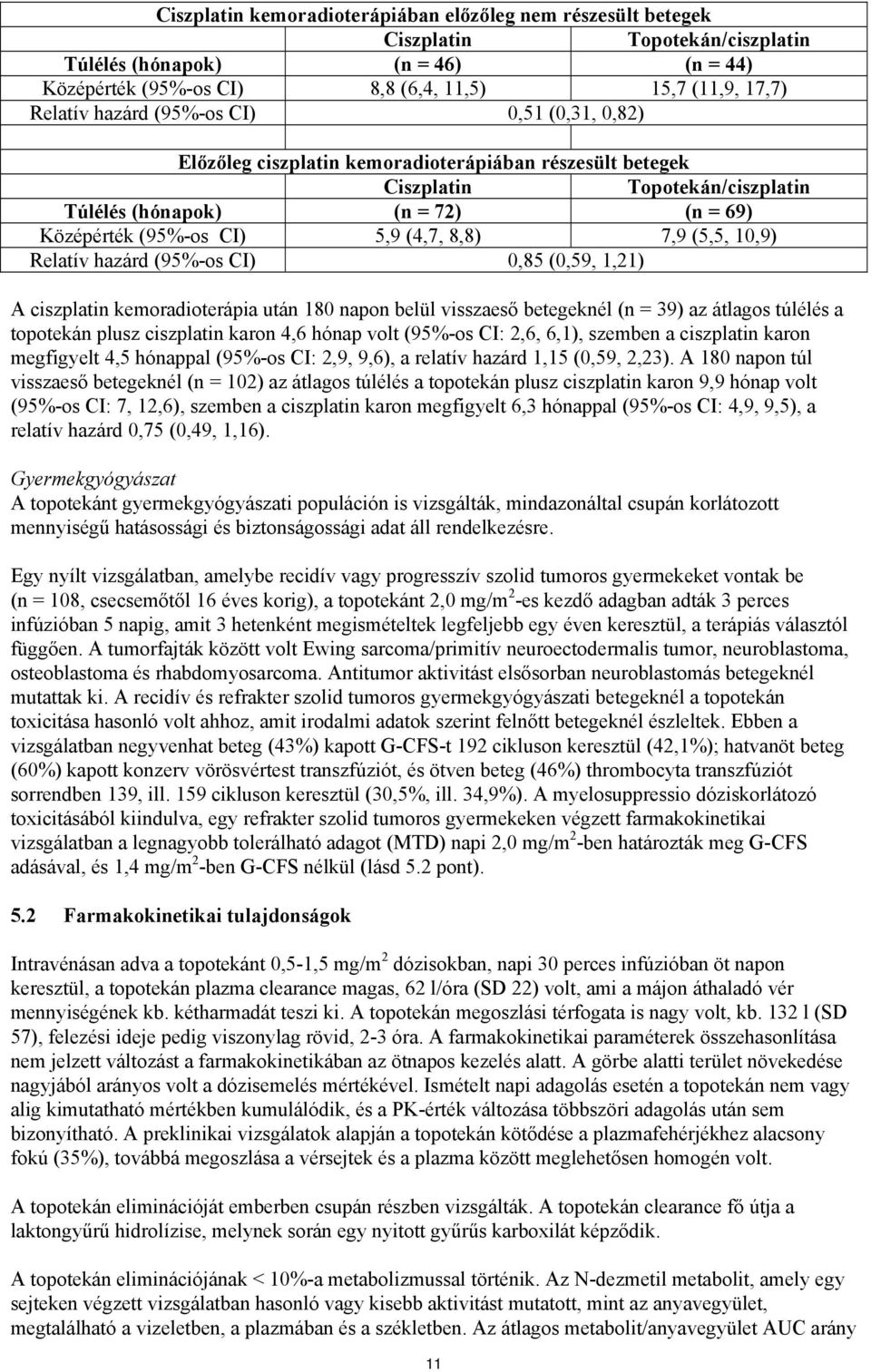 8,8) 7,9 (5,5, 10,9) Relatív hazárd (95%-os CI) 0,85 (0,59, 1,21) A ciszplatin kemoradioterápia után 180 napon belül visszaeső betegeknél (n = 39) az átlagos túlélés a topotekán plusz ciszplatin