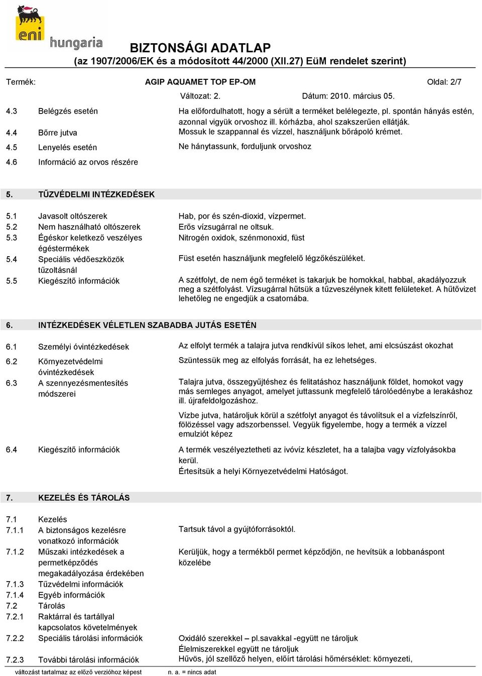 6 Információ az orvos részére 5. TŰZVÉDELMI INTÉZKEDÉSEK 5.1 Javasolt oltószerek Hab, por és szén-dioxid, vízpermet. 5.2 Nem használható oltószerek Erős vízsugárral ne oltsuk. 5.3 Égéskor keletkező veszélyes Nitrogén oxidok, szénmonoxid, füst égéstermékek 5.