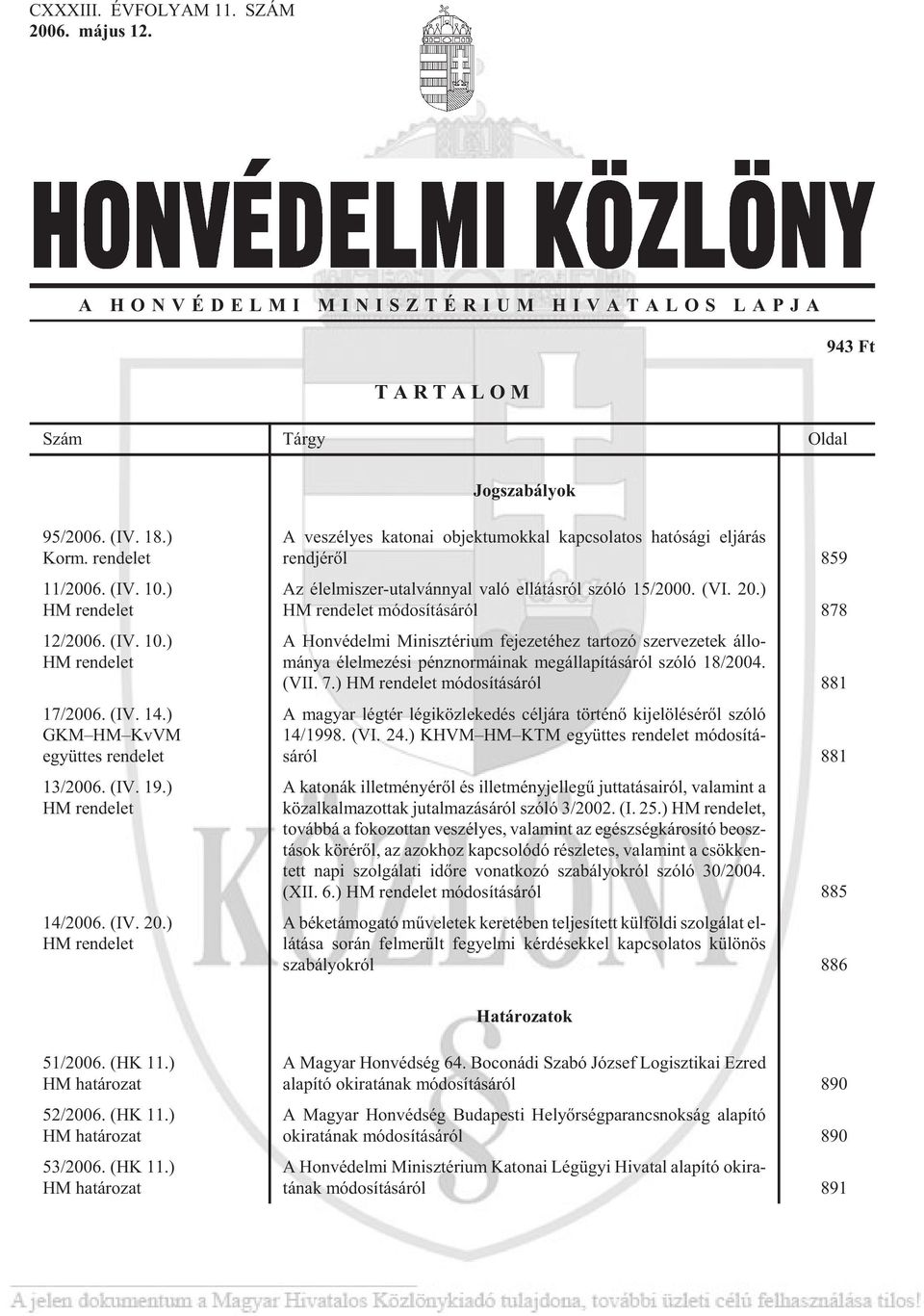 ) HM ren de let A ve szé lyes ka to nai ob jek tu mok kal kap cso la tos ha tó sá gi el já rás rend jé rõl 859 Az élel mi szer-utal vánnyal va ló el lá tás ról szóló 15/2000. (VI. 20.