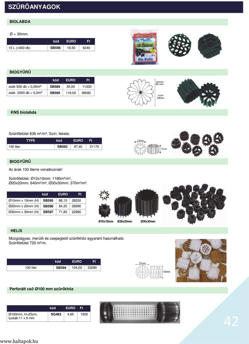 TYPE 100 liter SB592 97,40 31170 BIOGYŰRŰ Az árak 100 literre vonatkoznak! Szűrőfelület: Ø10x10mm: 1180m²/m³, Ø20x20mm: 640m²/m³, Ø30x30mm: 370m²/m³.