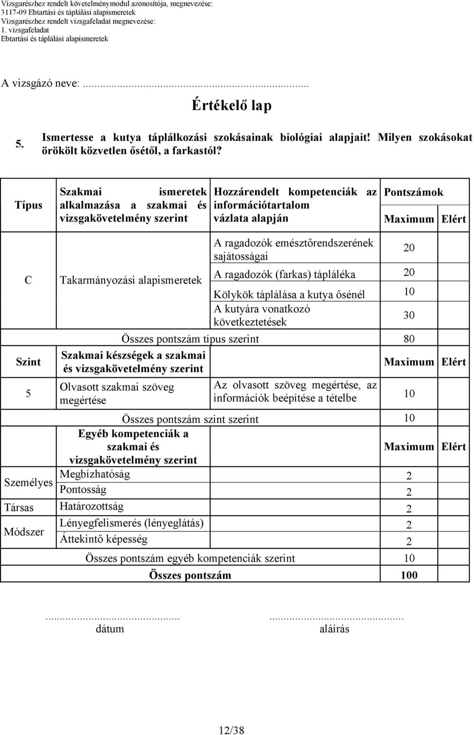 ragadozók (farkas) tápláléka Kölykök táplálása a kutya ısénél 10 A kutyára vonatkozó következtetések 30 Összes pontszám típus szerint 80 Szakmai készségek a szakmai és Olvasott szakmai szöveg