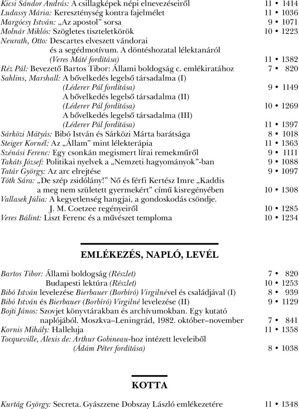 emlékiratához 7 820 Sahlins, Marshall: A bôvelkedés legelsô társadalma (I) (Léderer Pál fordítása) 9 1149 A bôvelkedés legelsô társadalma (II) (Léderer Pál fordítása) 10 1269 A bôvelkedés legelsô