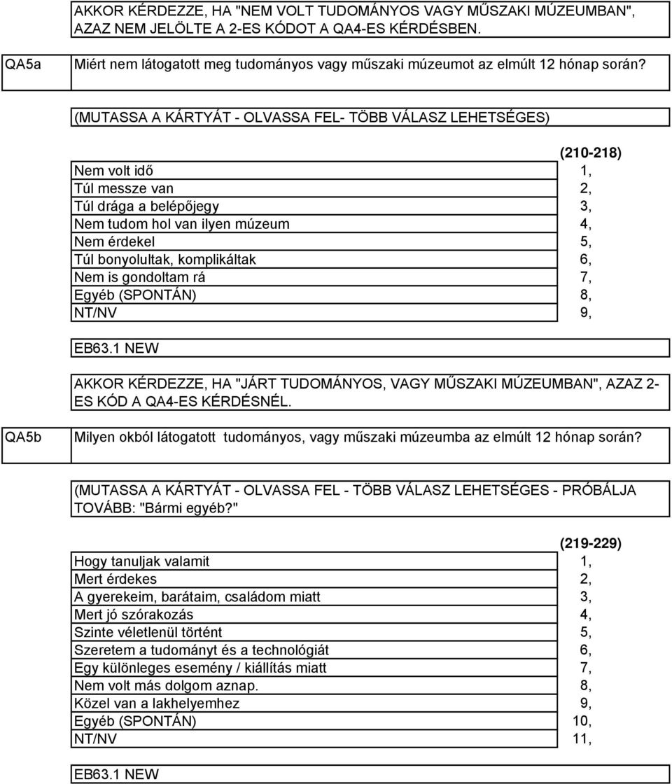 rá Egyéb (SPONTÁN) (210-218) 1, 2, 3, 4, 5, 6, 7, 8, 9, AKKOR KÉRDEZZE, HA "JÁRT TUDOMÁNYOS, VAGY MŰSZAKI MÚZEUMBAN", AZAZ 2- ES KÓD A QA4-ES KÉRDÉSNÉL.